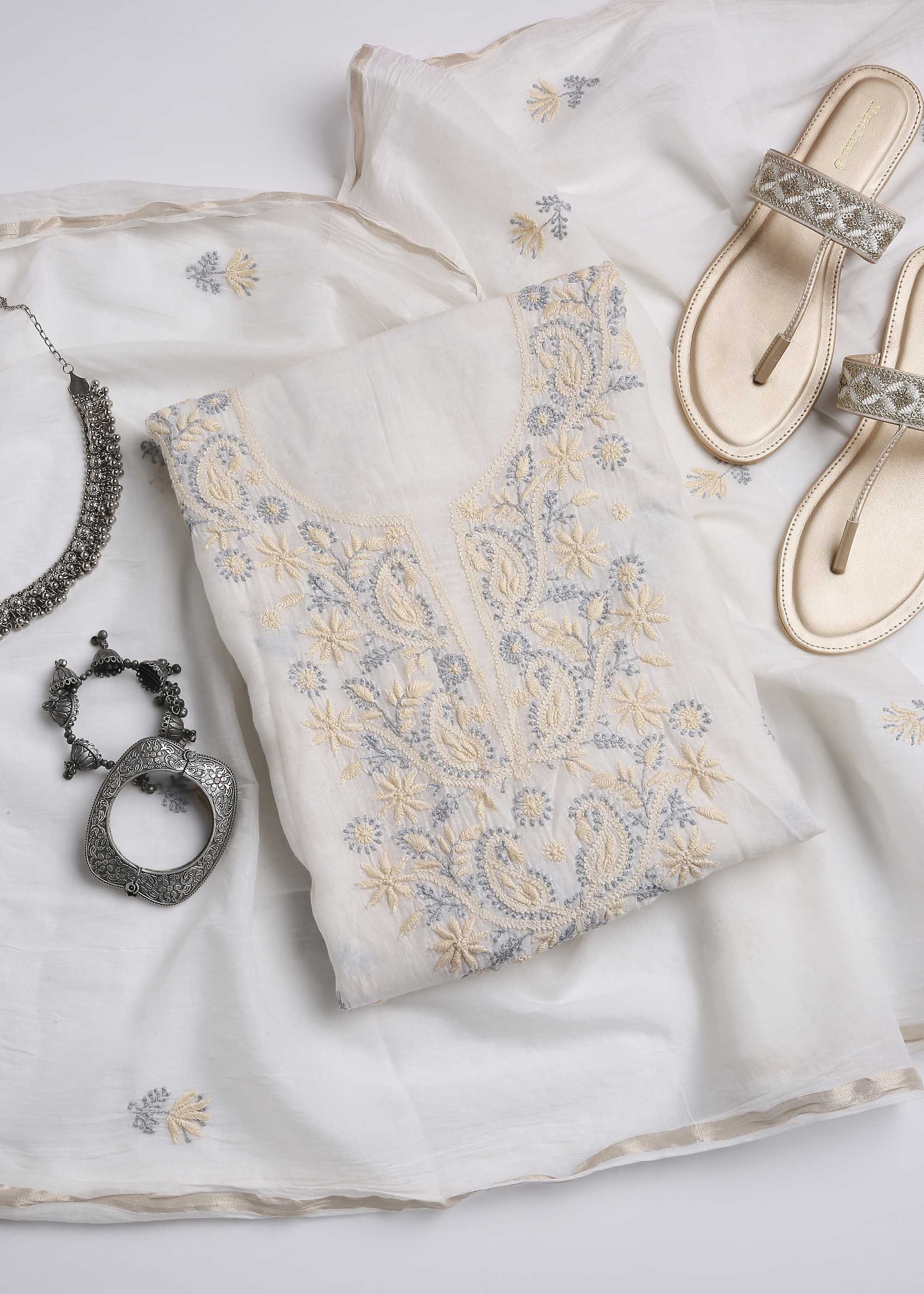 White Color Mul Chanderi kurta dupatta material with Chikankari work