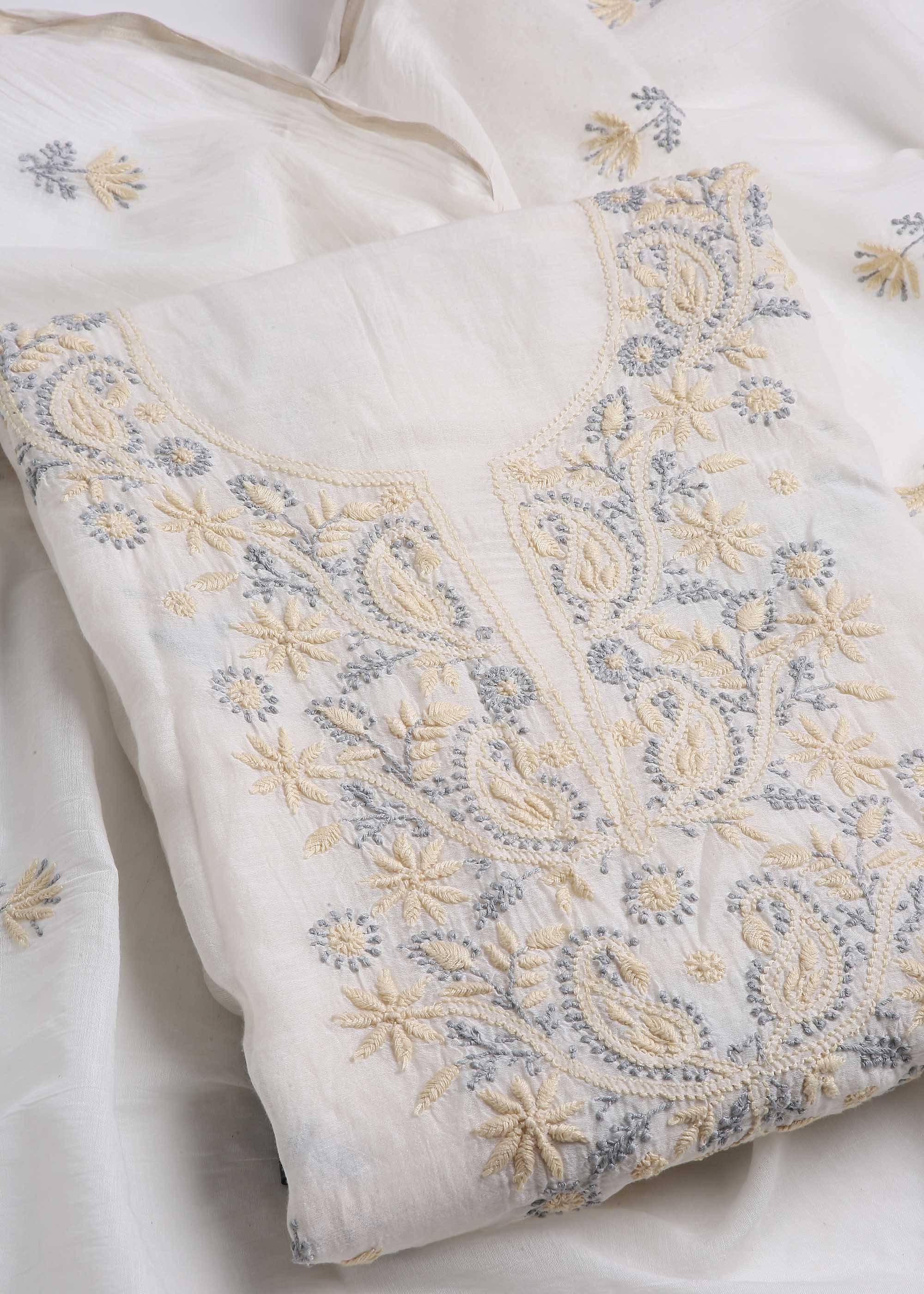 White Color Mul Chanderi kurta dupatta material with Chikankari work
