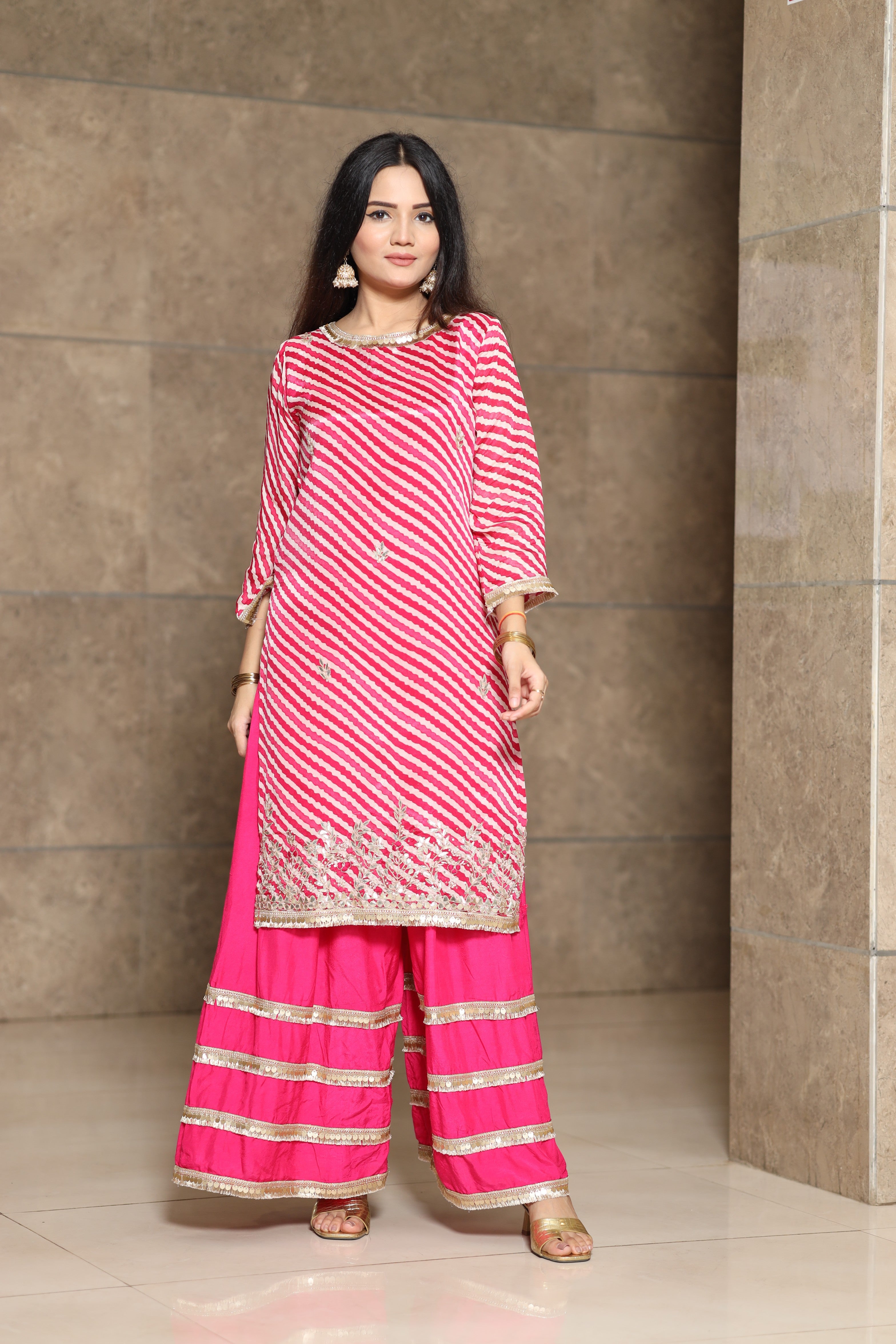 Pure Chinon Pink Lehriya suit set