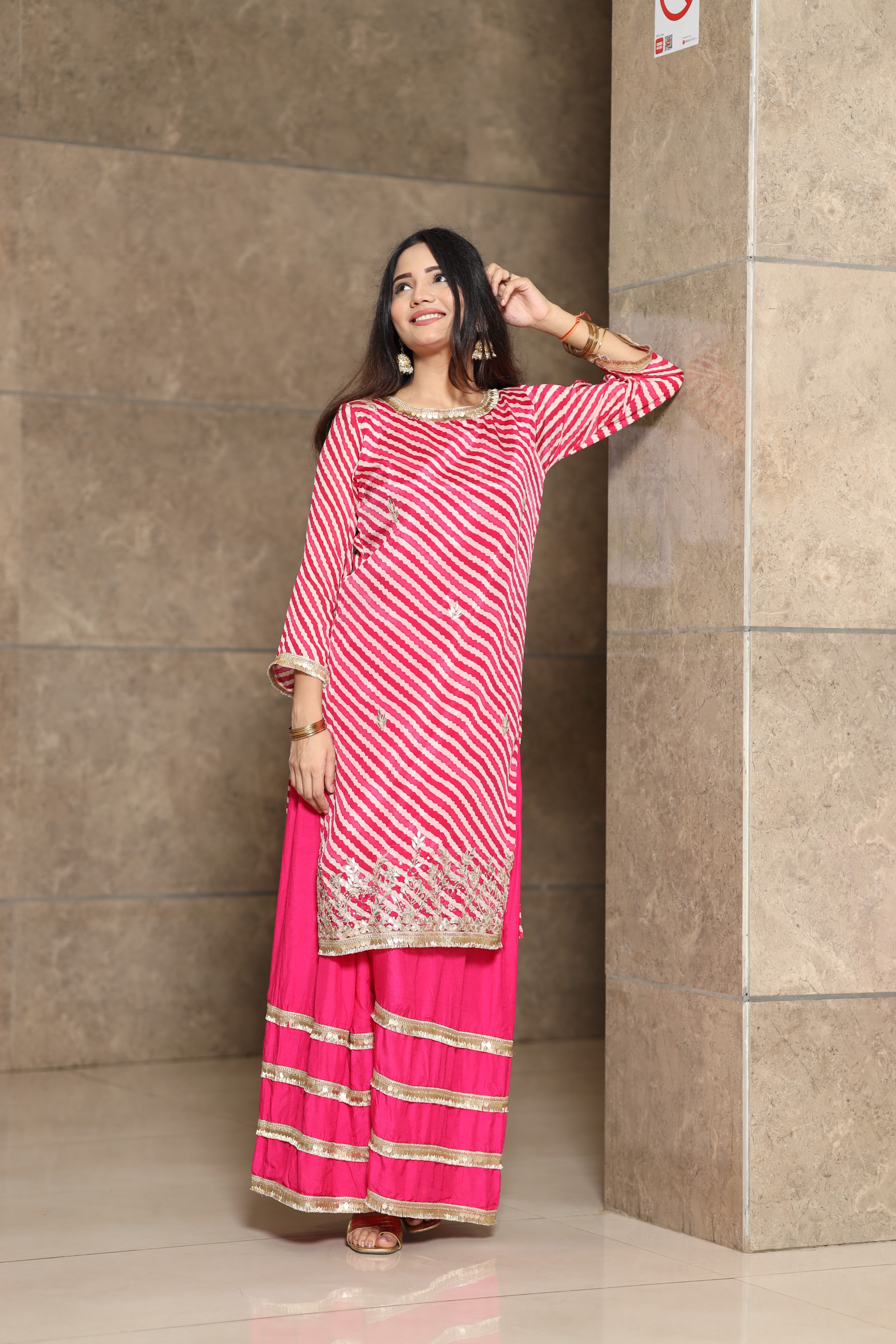 Pure Chinon Lehriya Printed Top with Delicate Organza Dupatta and Santoon Bottom