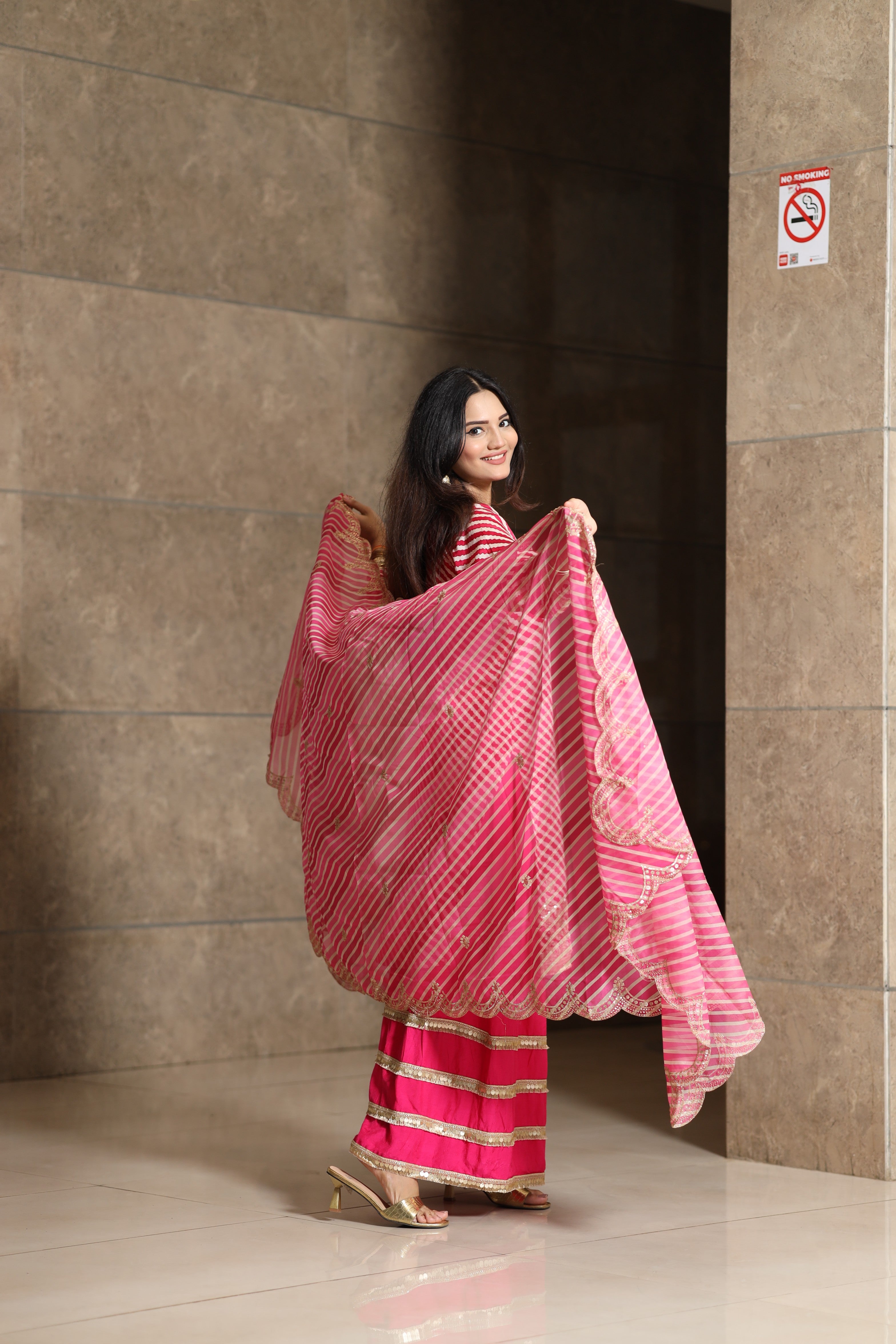 Pure Chinon Pink Lehriya suit set