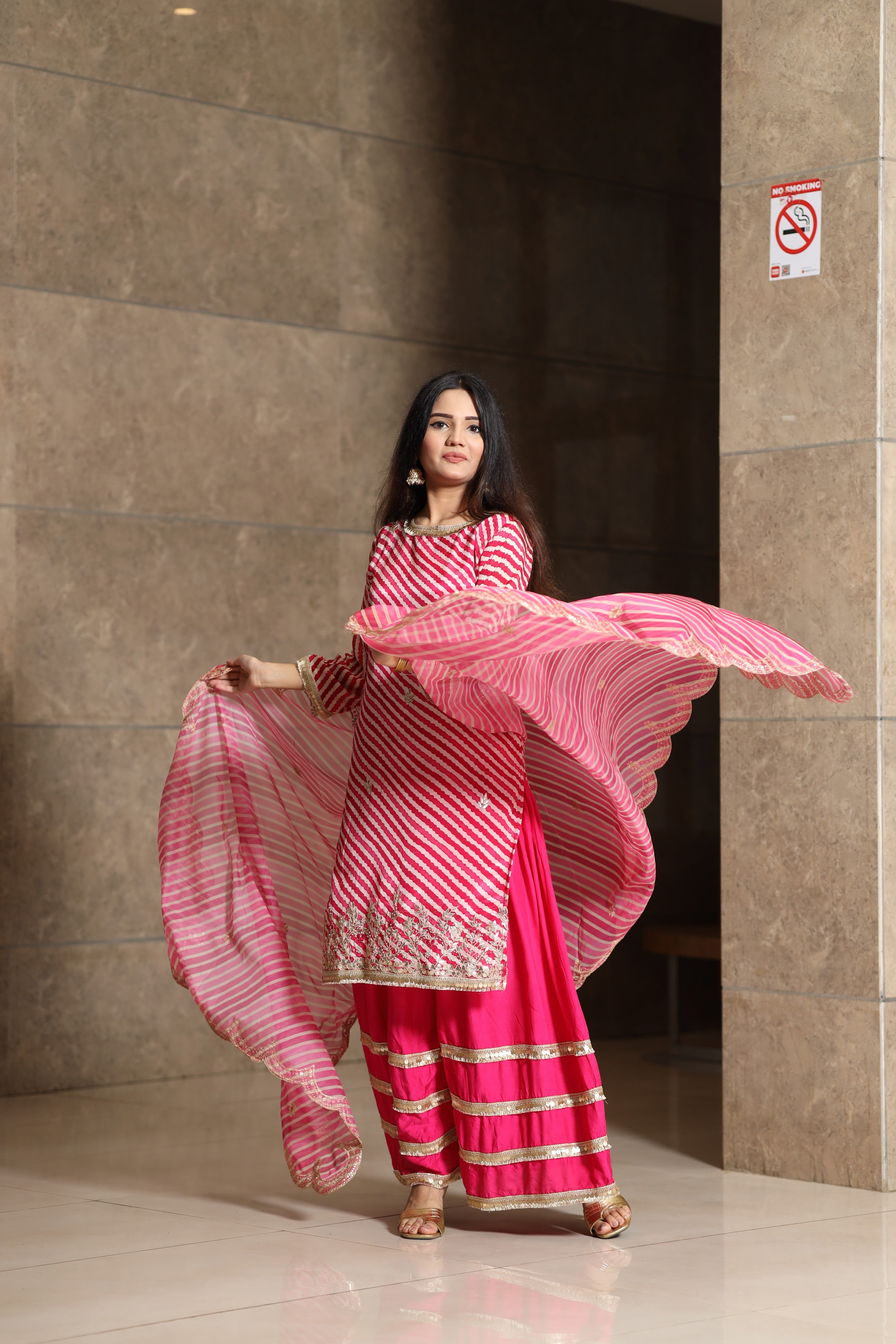 Pure Chinon Pink Lehriya suit set