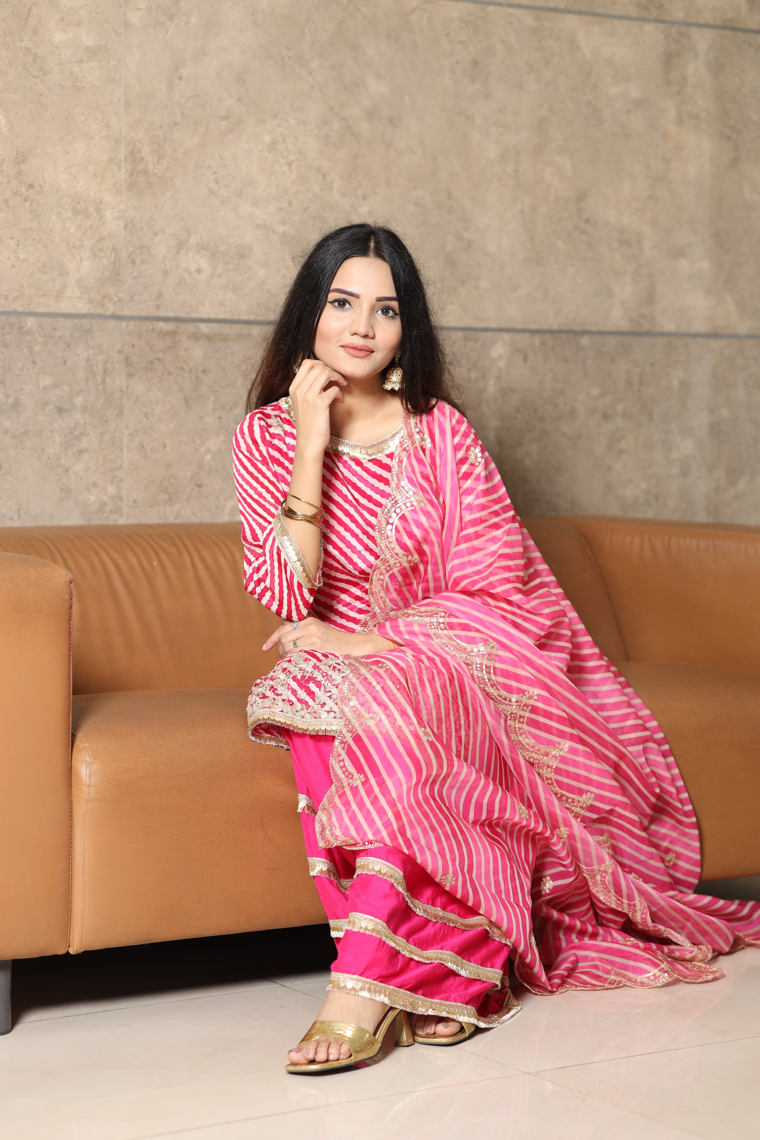 Pure Chinon Pink Lehriya suit set