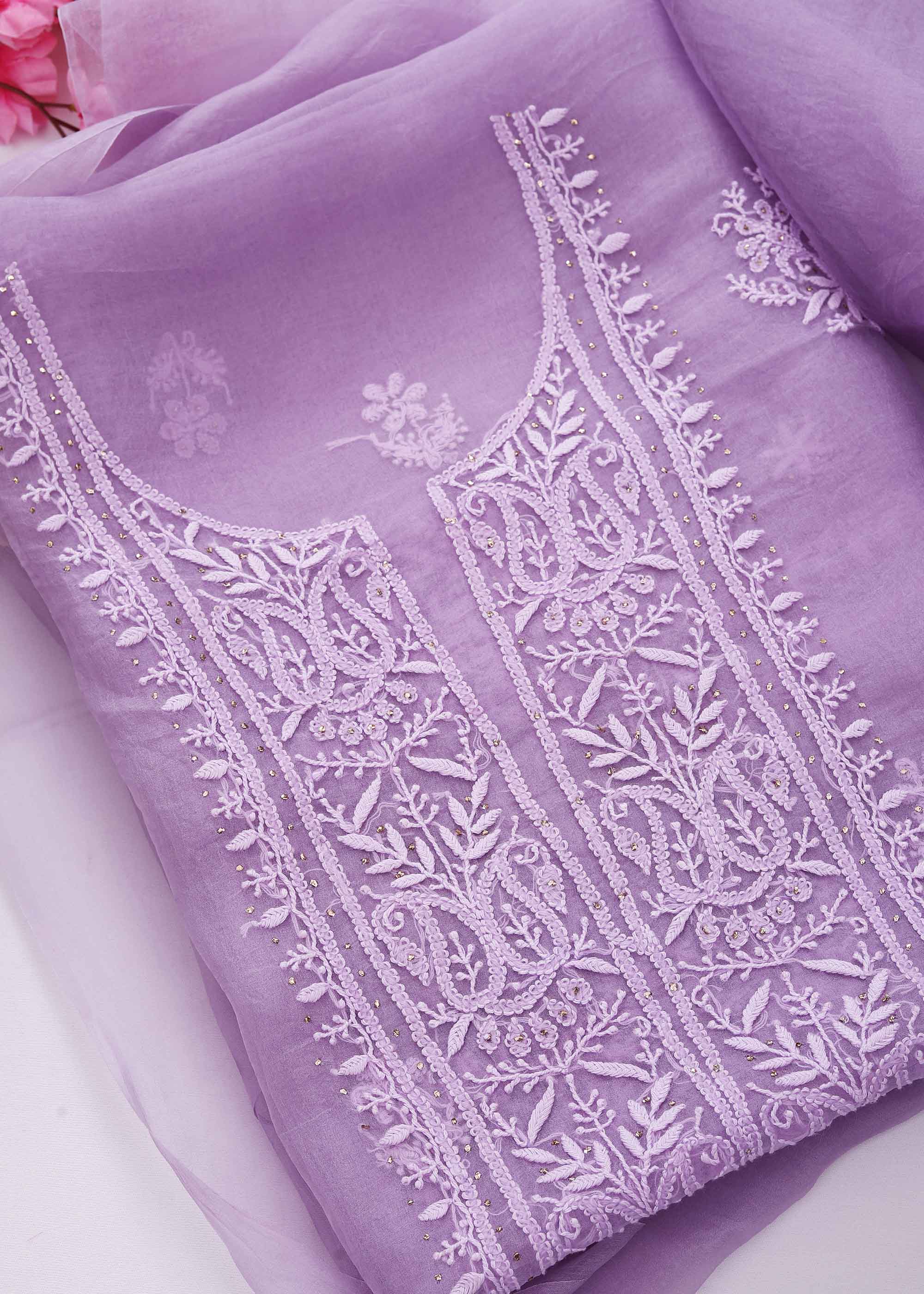 Purple Color Pure Organza kurta Dupatta material with chikankari & mukaish work