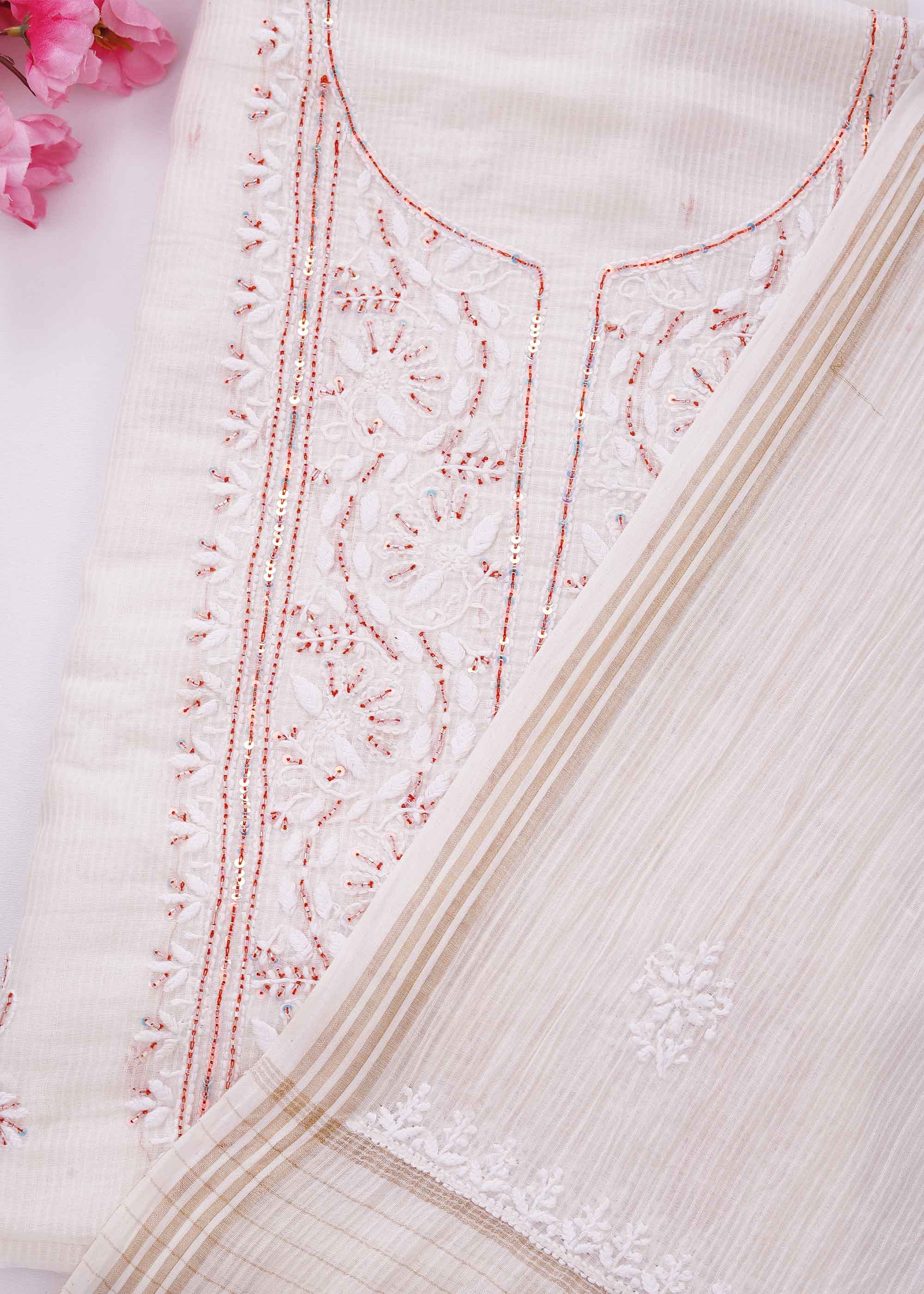 White & Red color Maheshwari Chanderi Kurta Dupatta material