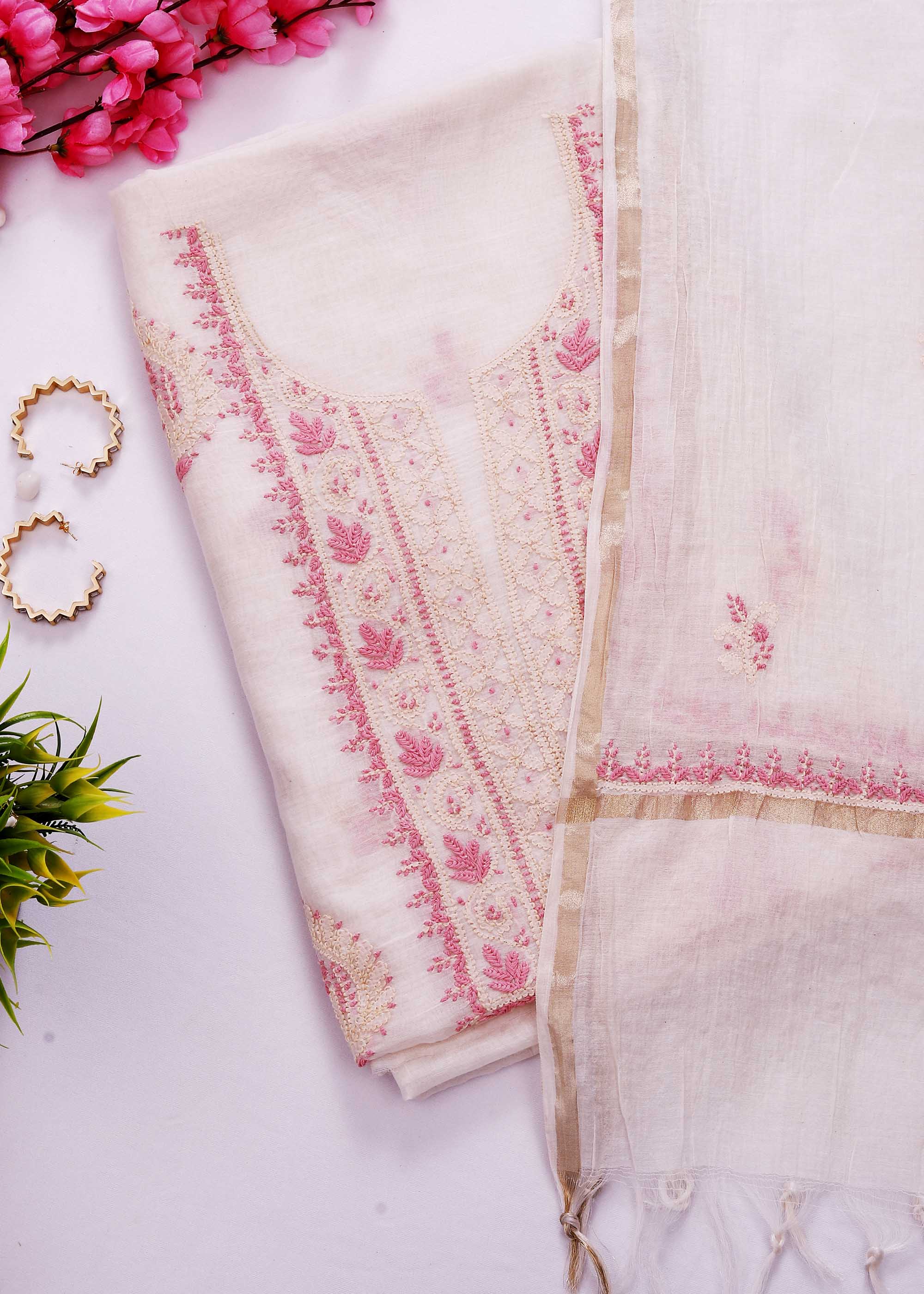 White & pink color Mul Chanderi kurta dupatta material with Chikankari work