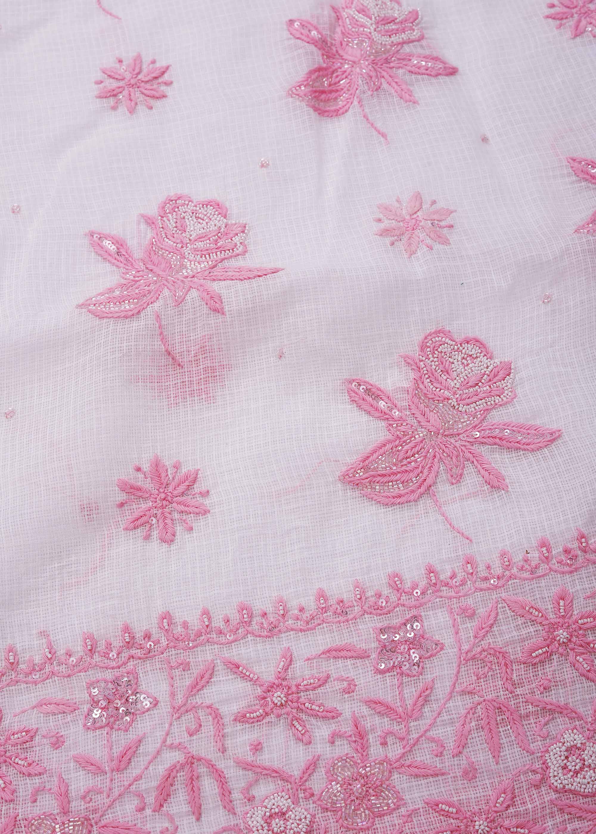 White & Pink color Pure Kota Doria Kurta Dupatta set with Cut daana work