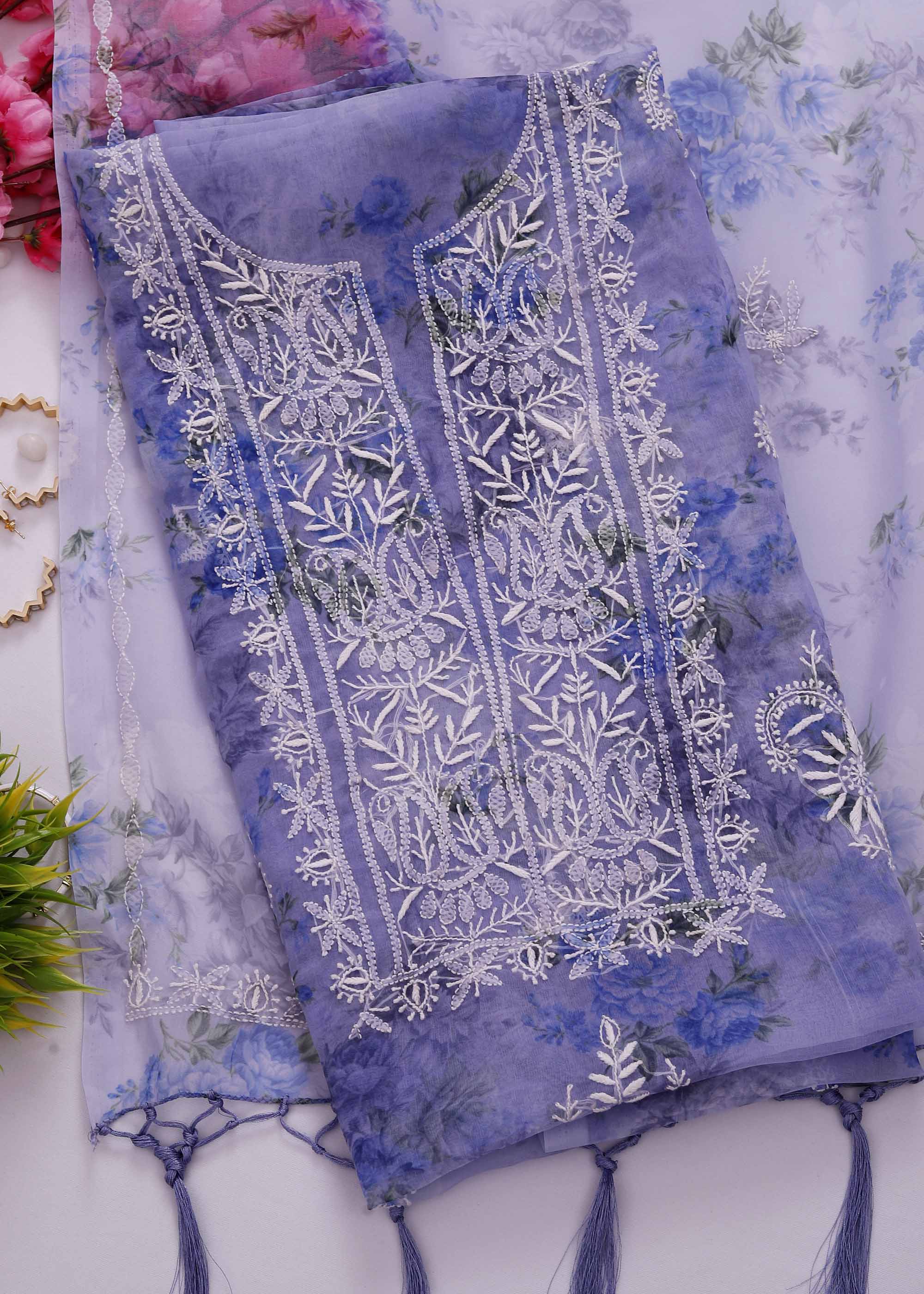 Blue color Organza kurta & dupatta material with Chikankari work