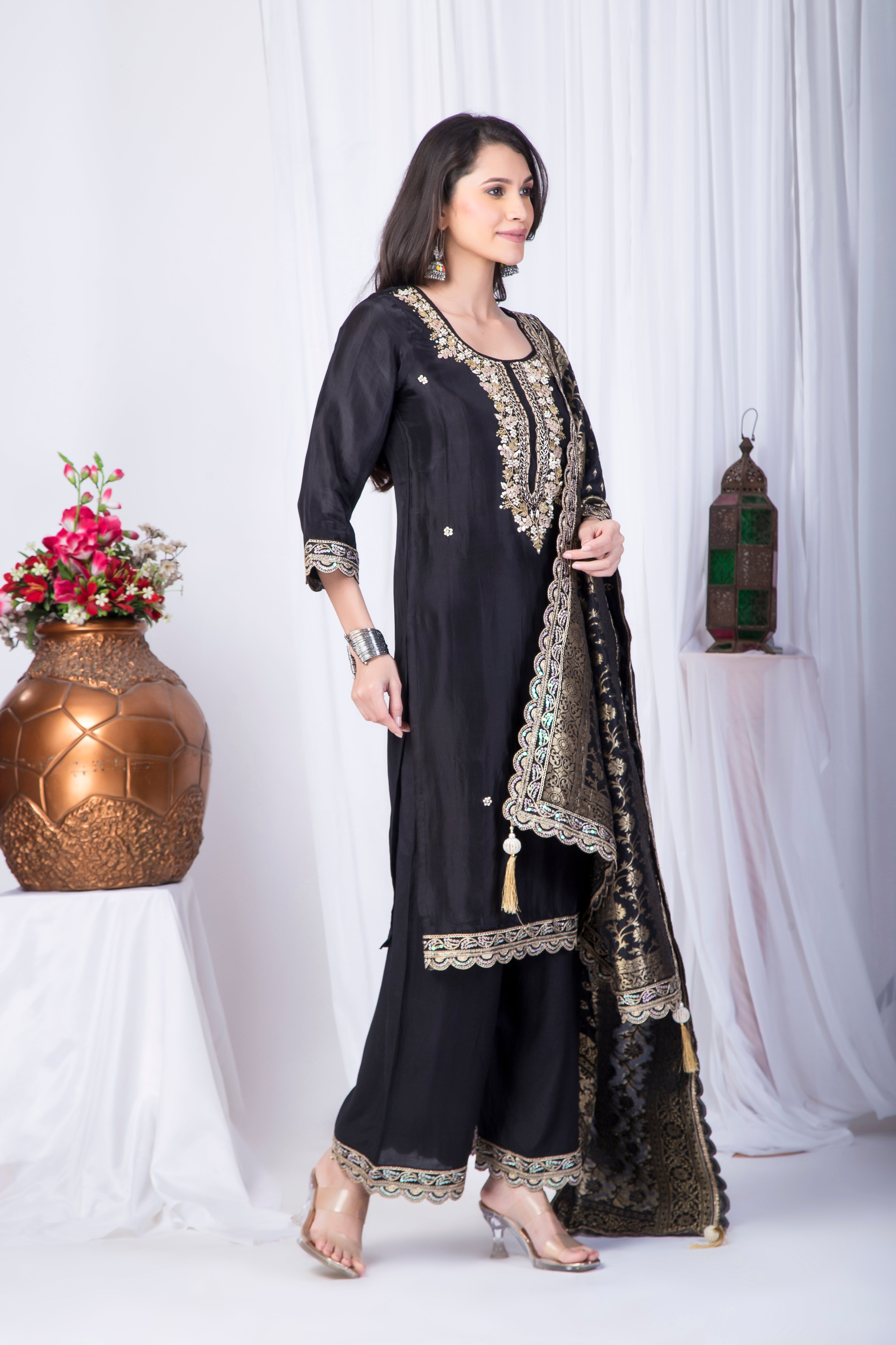 Black Pure crepe Zardosi work Suit set with designer heavy Dupatta