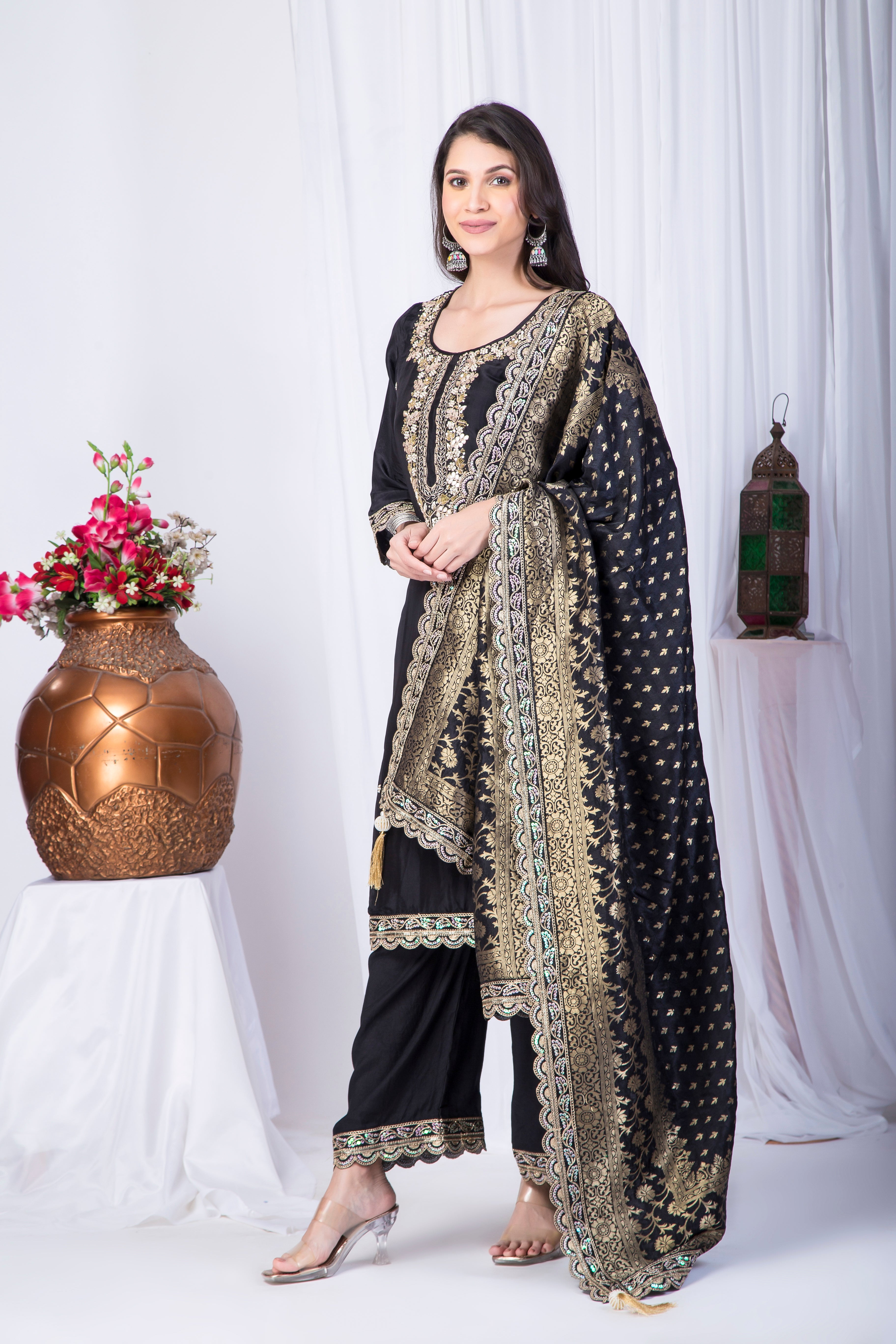 Black Pure crepe Zardosi work Suit set with designer heavy Dupatta