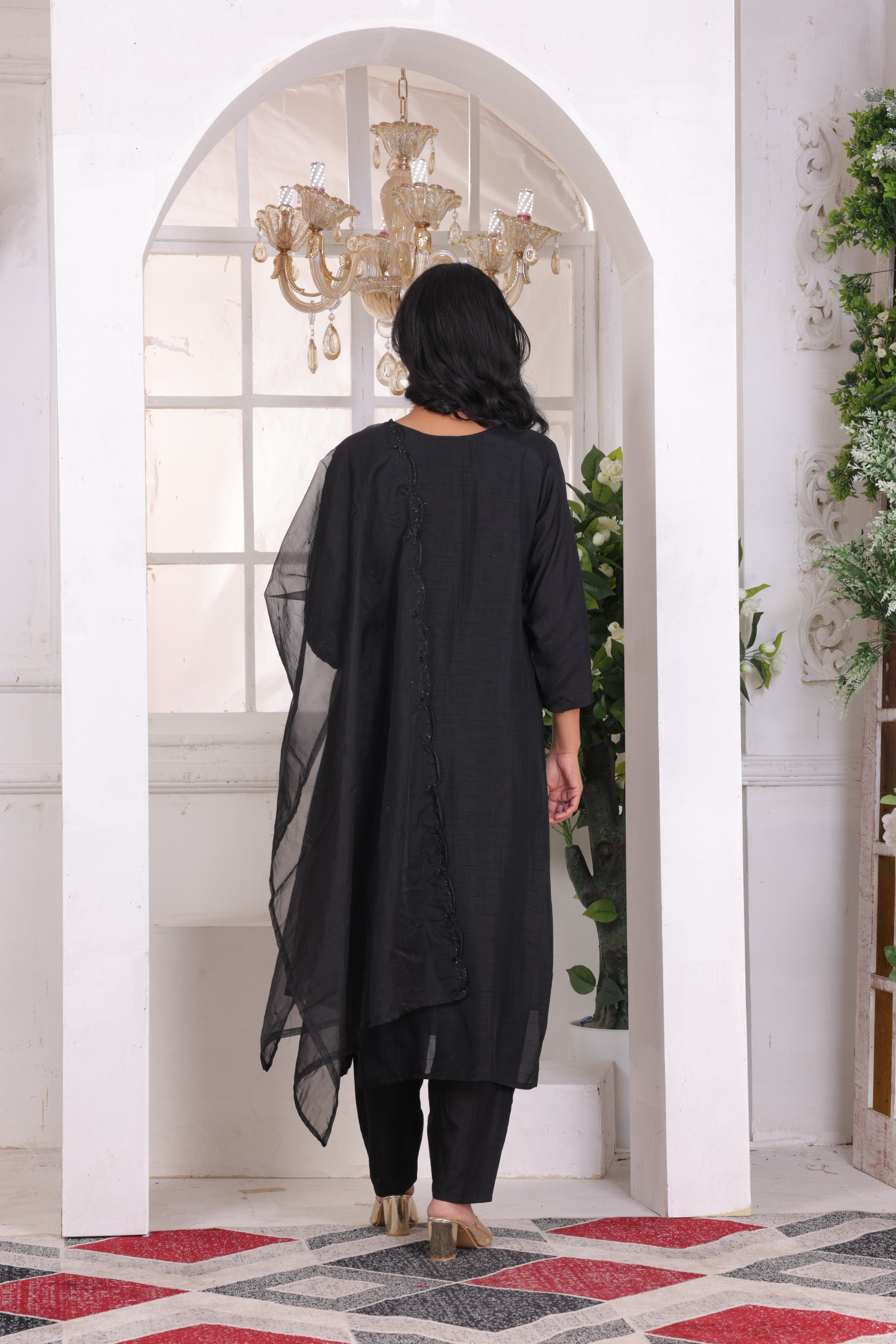 Black Dhola Silk Suit Set with Sequence Work & Organza Dupatta with Buti Work