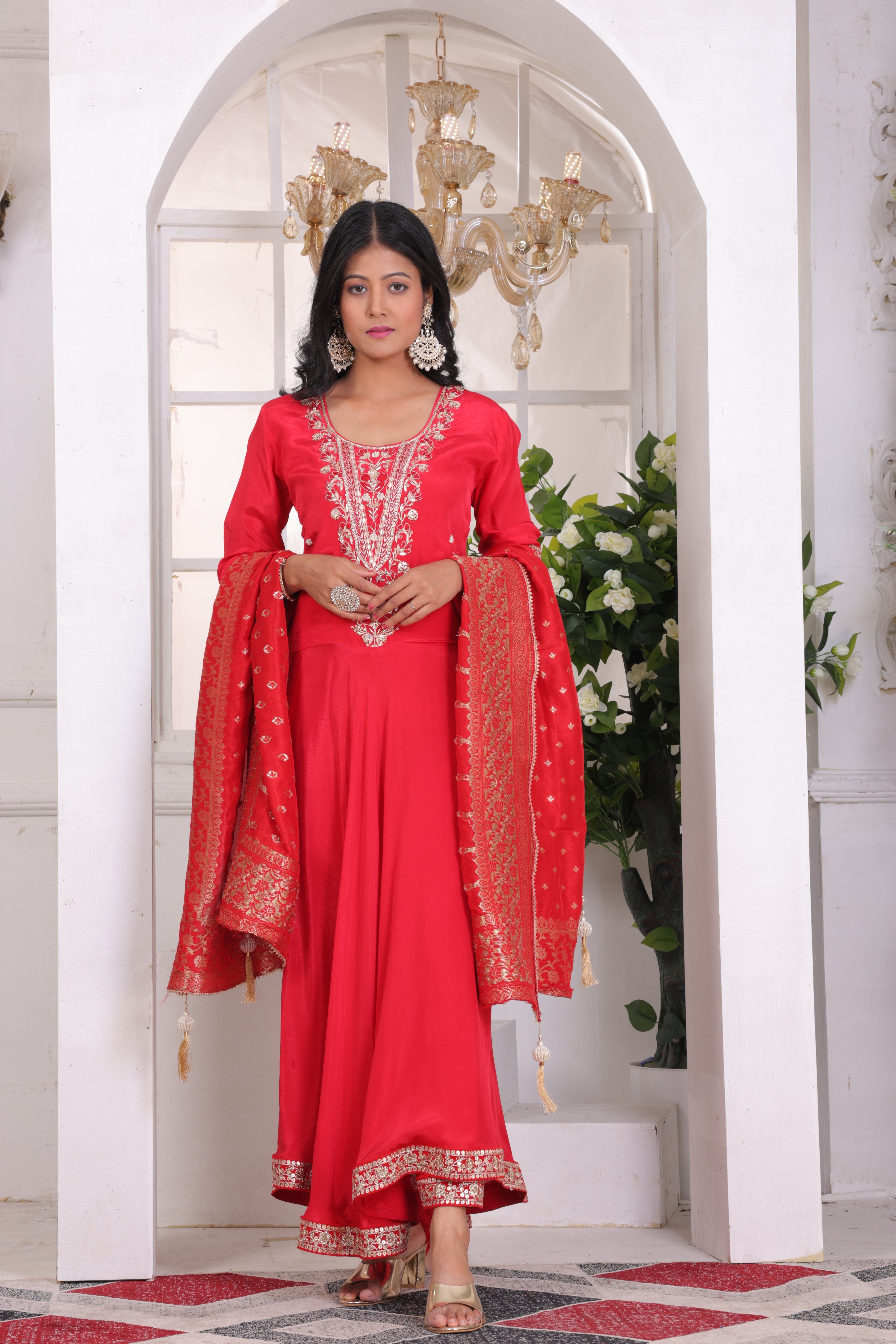 Red crepe suit with organza jacquard dupatta and santoon bottom