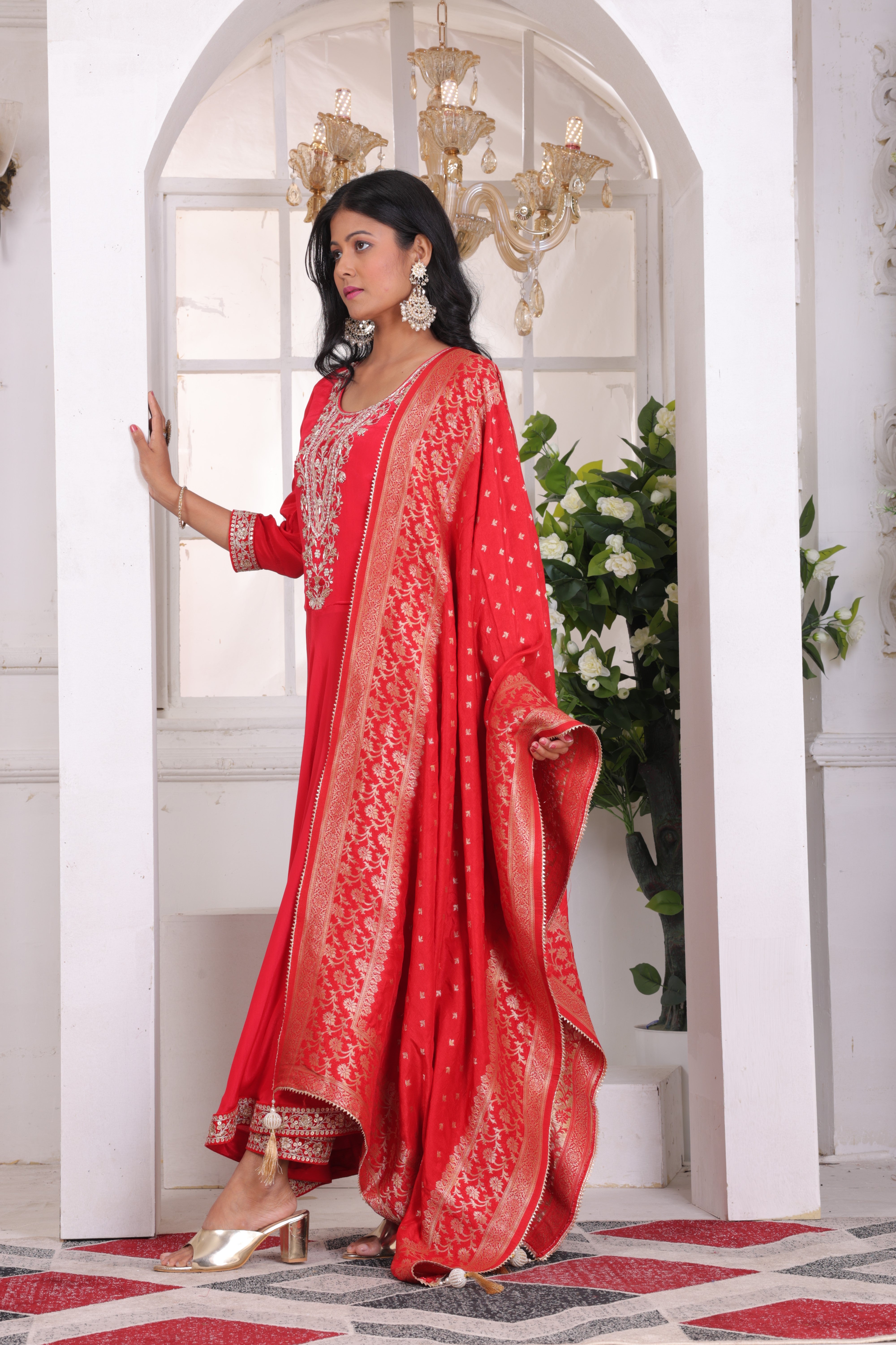 Red crepe suit with organza jacquard dupatta and santoon bottom