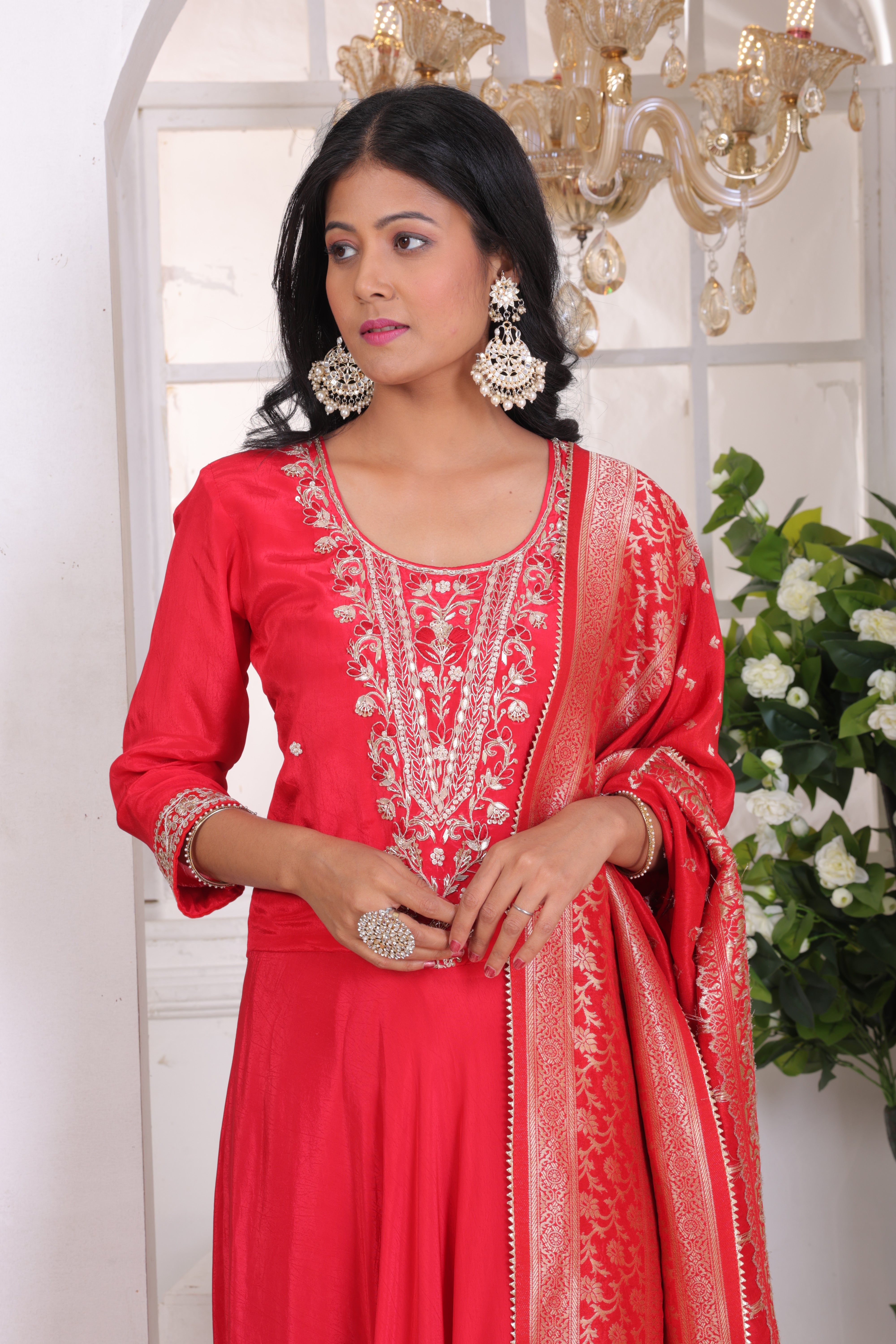 Red crepe suit with organza jacquard dupatta and santoon bottom