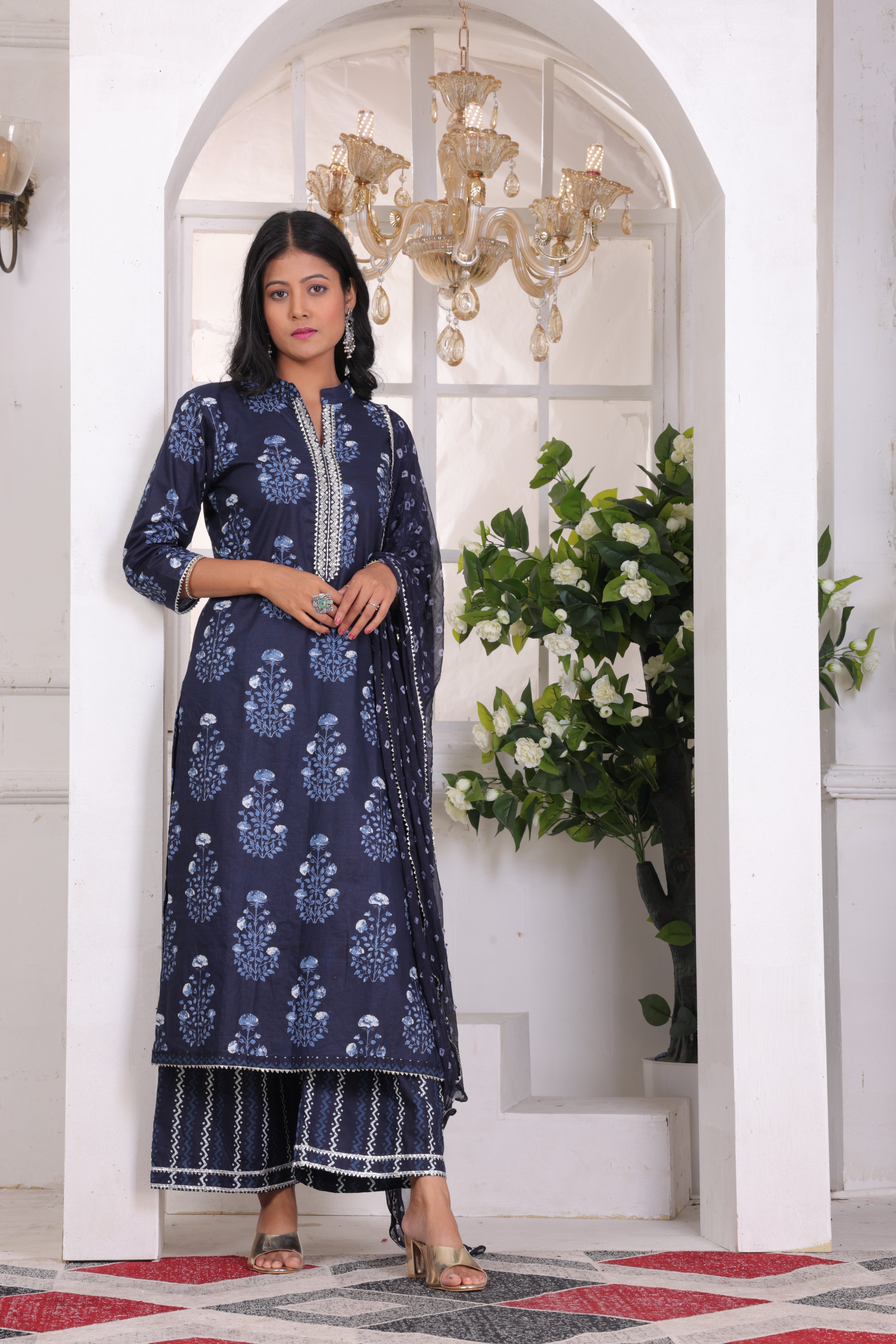 Navy Blue Floral Embroidered Cotton Suit Set