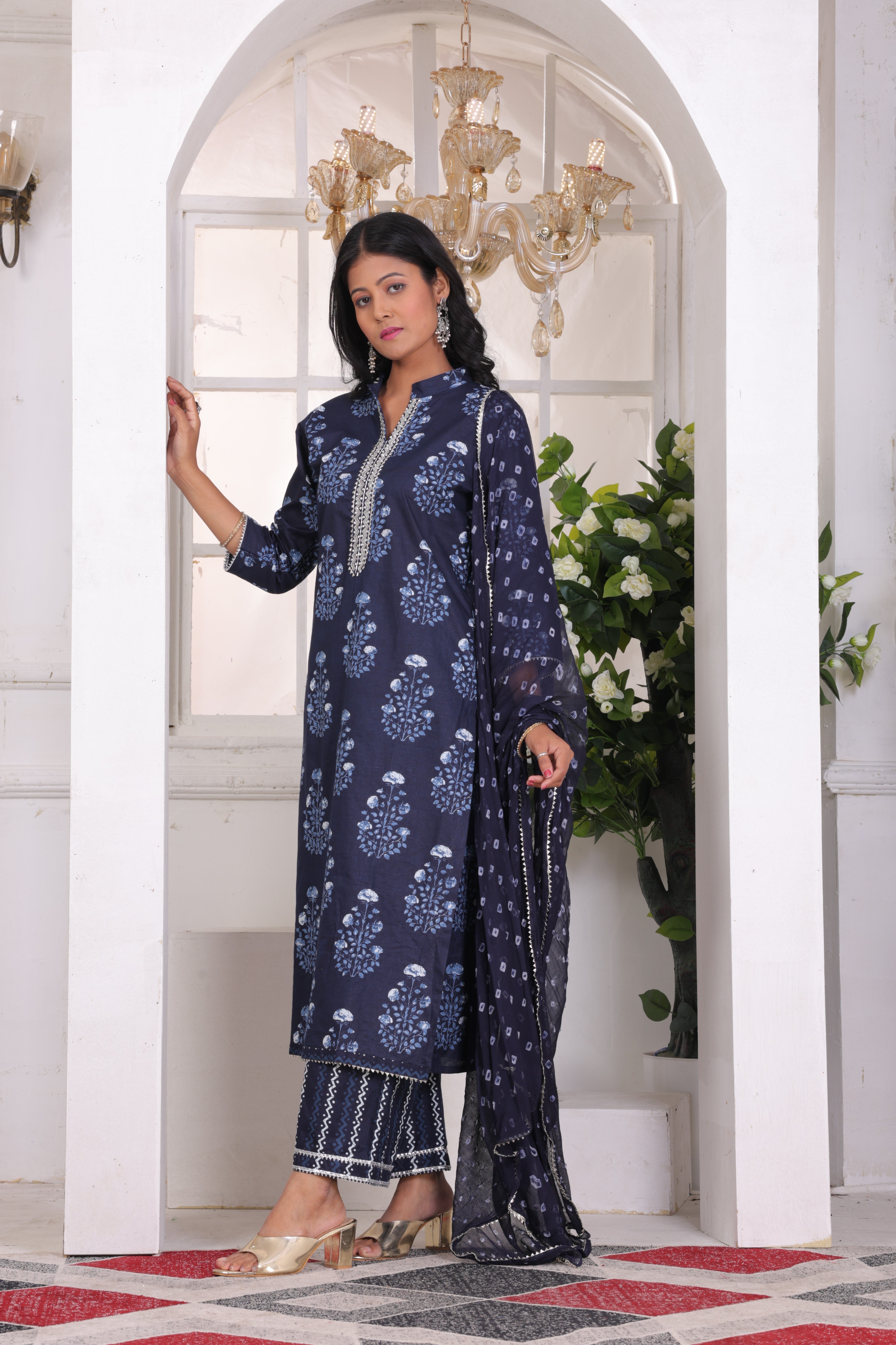 Navy Blue Floral Embroidered Cotton Suit Set