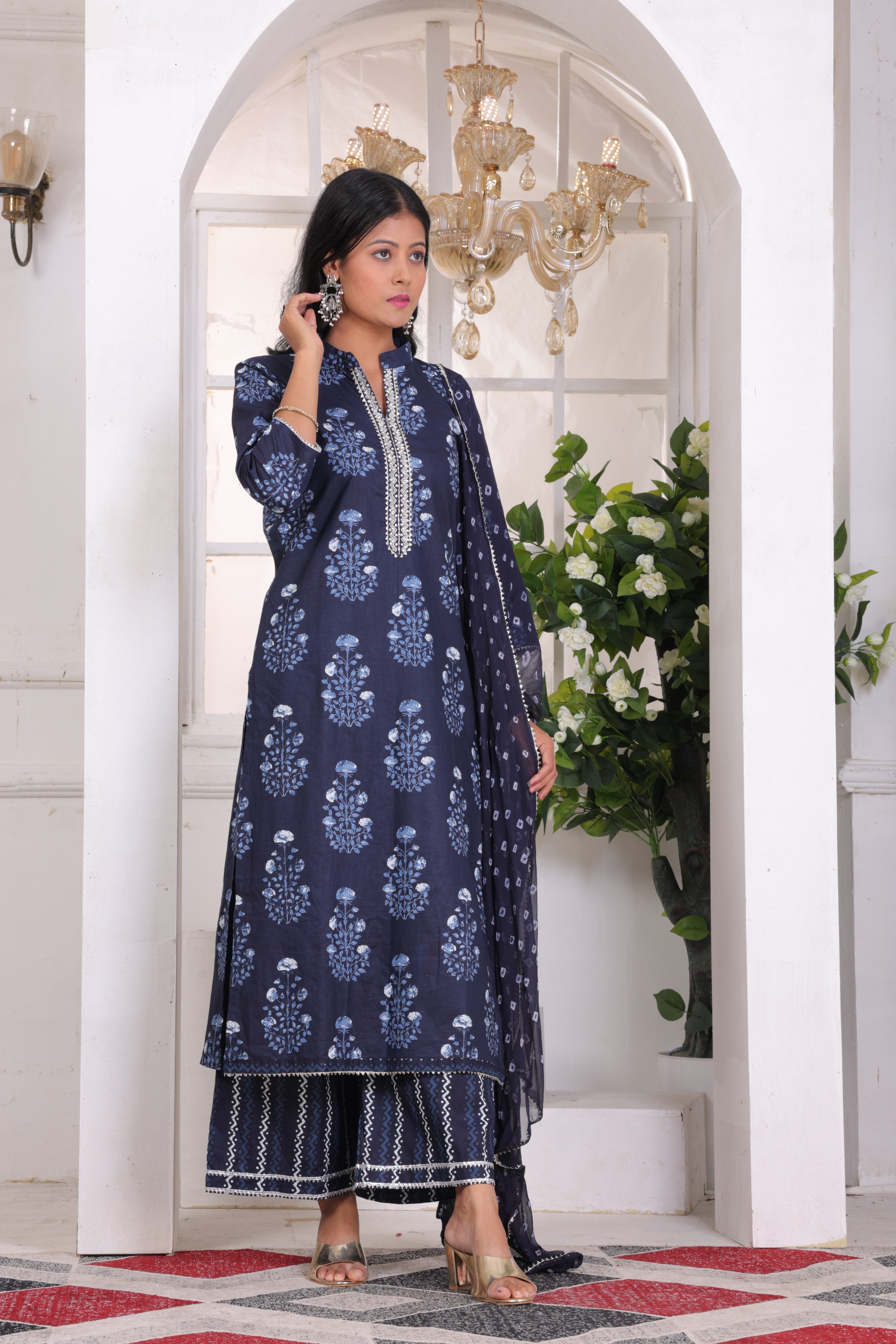 Navy Blue Floral Embroidered Cotton Suit Set