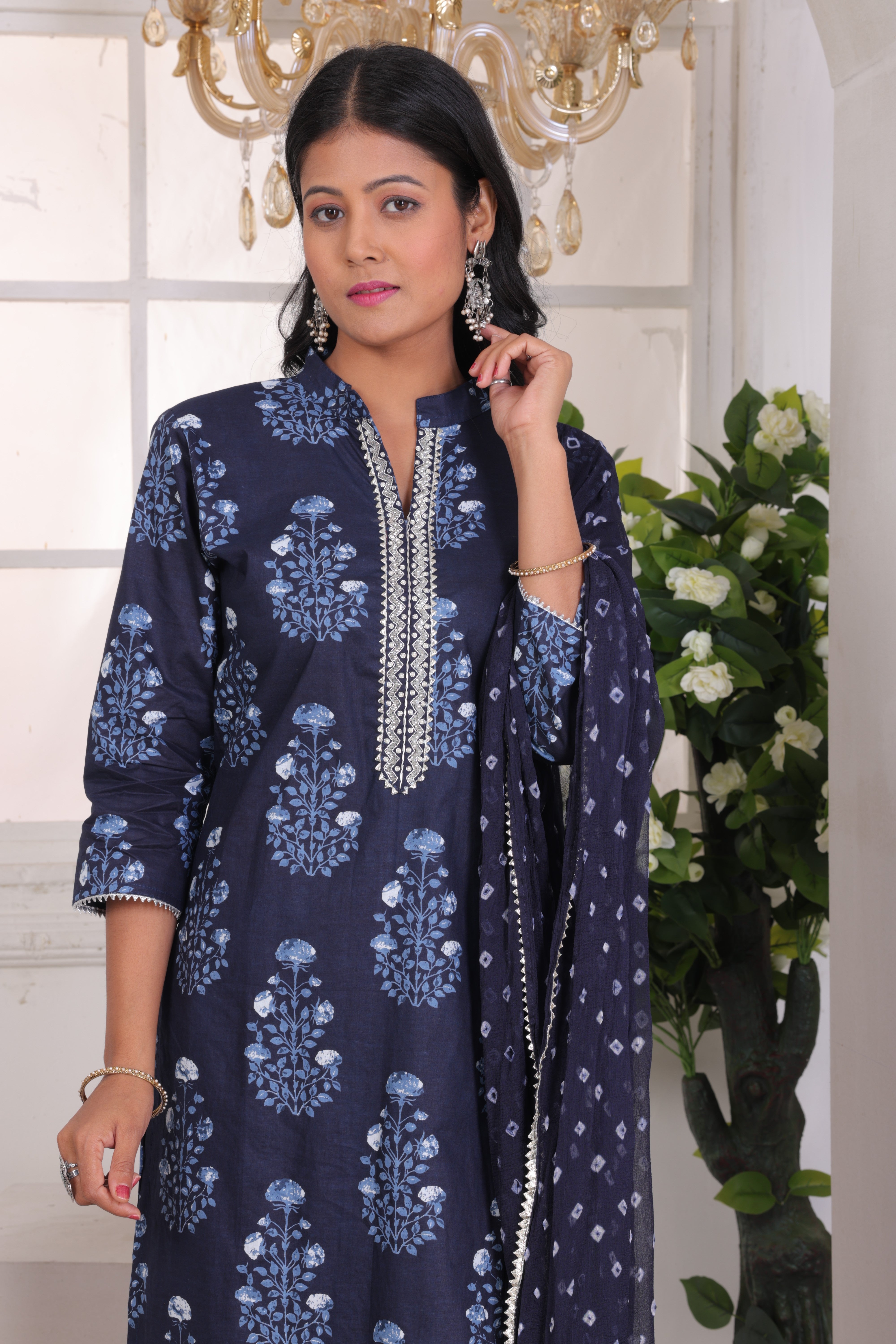 Navy Blue Floral Embroidered Cotton Suit Set