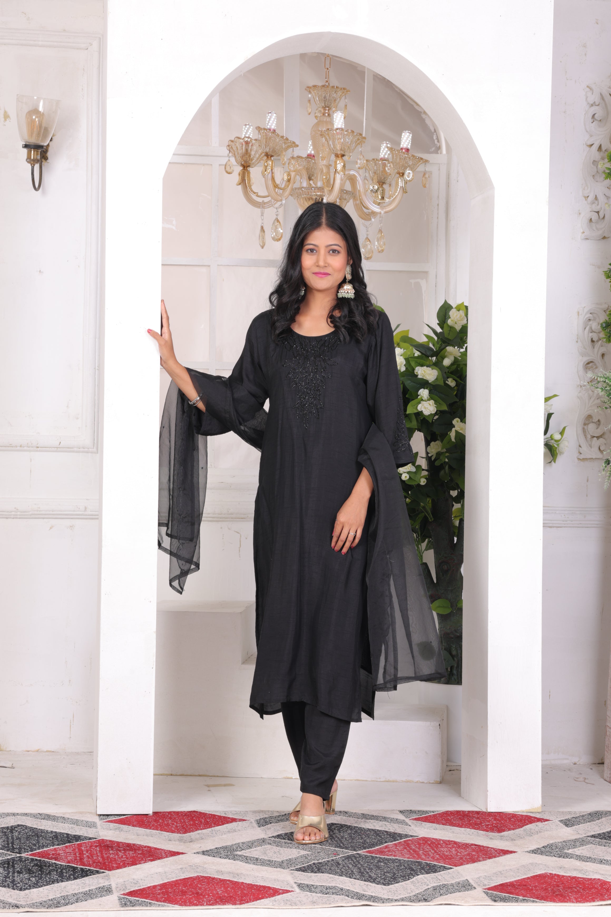 Black Dhola Silk Suit Set with Sequence Work & Organza Dupatta with Buti Work