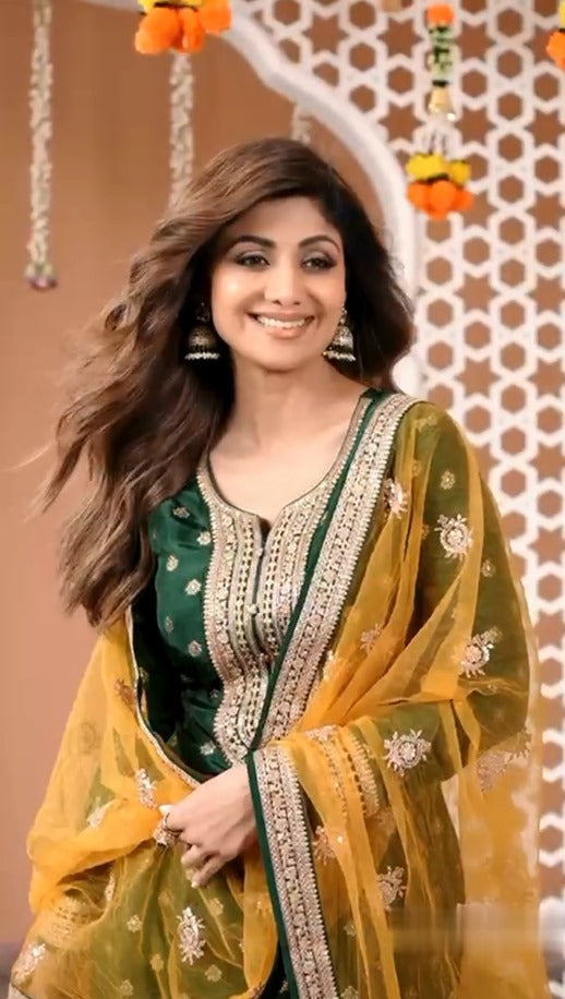 Designer Green suit with Yellow Dupatta