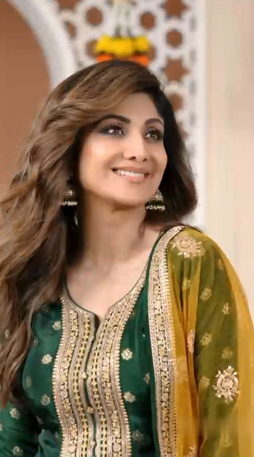 Designer Green suit with Yellow Dupatta