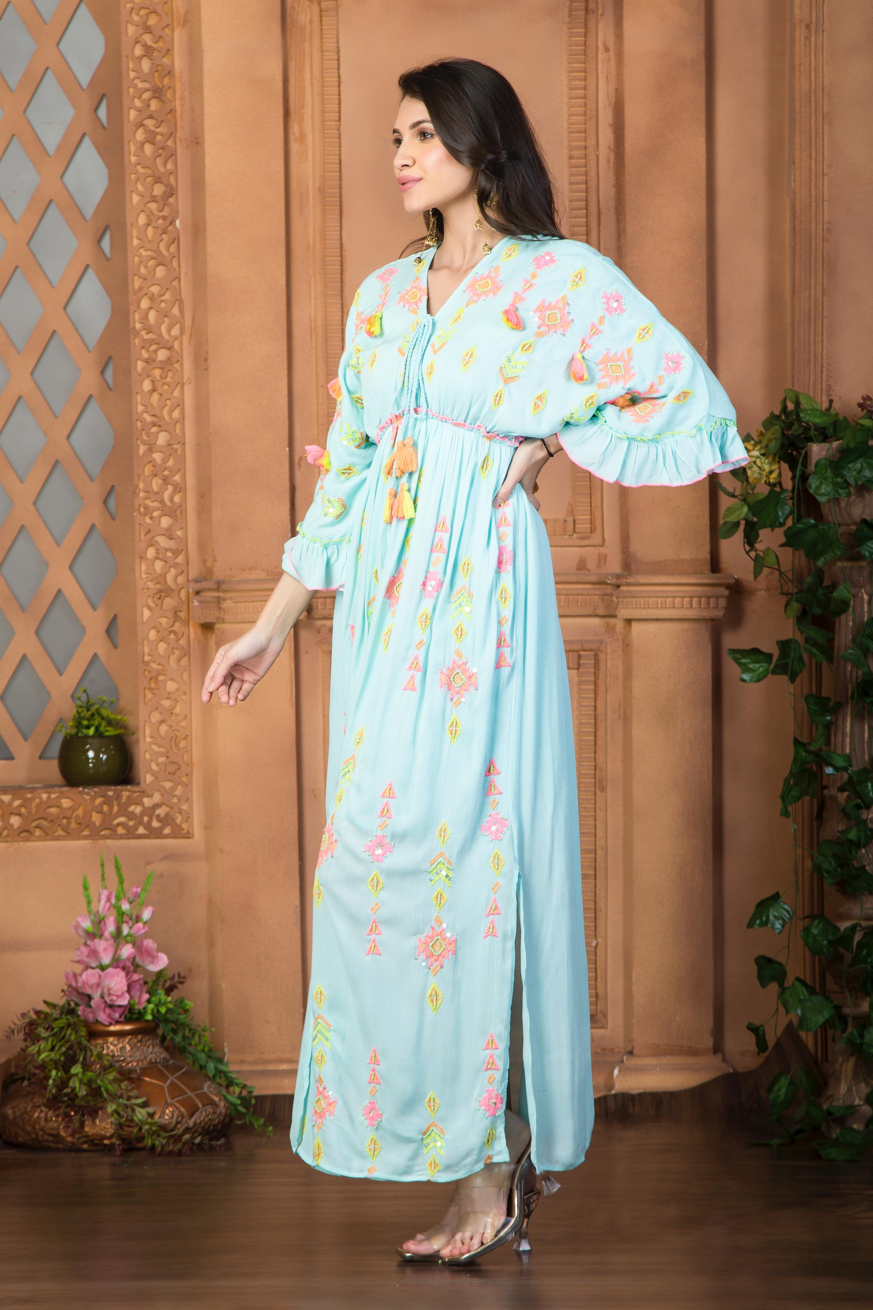 Aqua Blue Dress with Floral Embroidery and Bell Sleeves