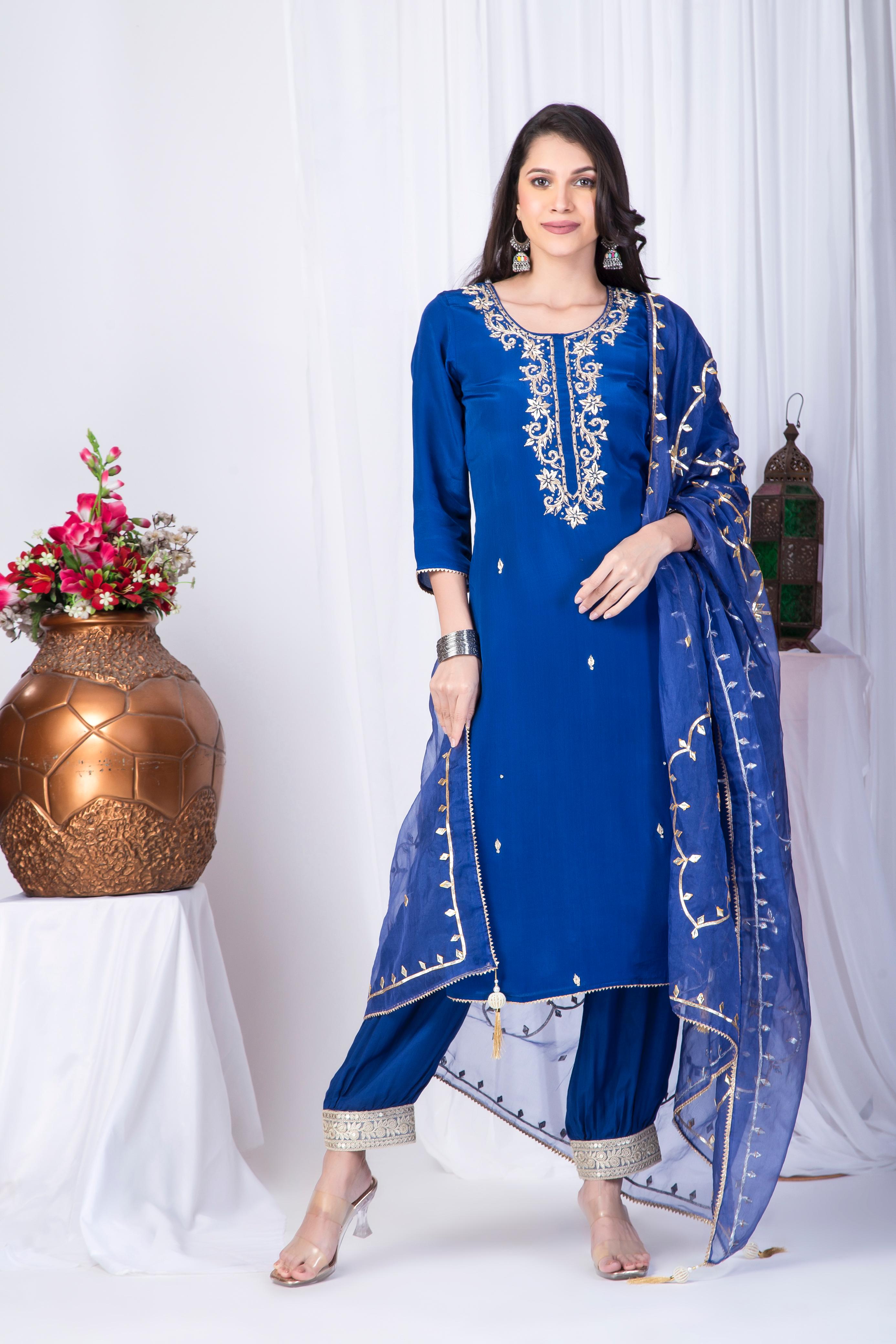 Bright Blue Crepe suit set with digital printed Dupatta