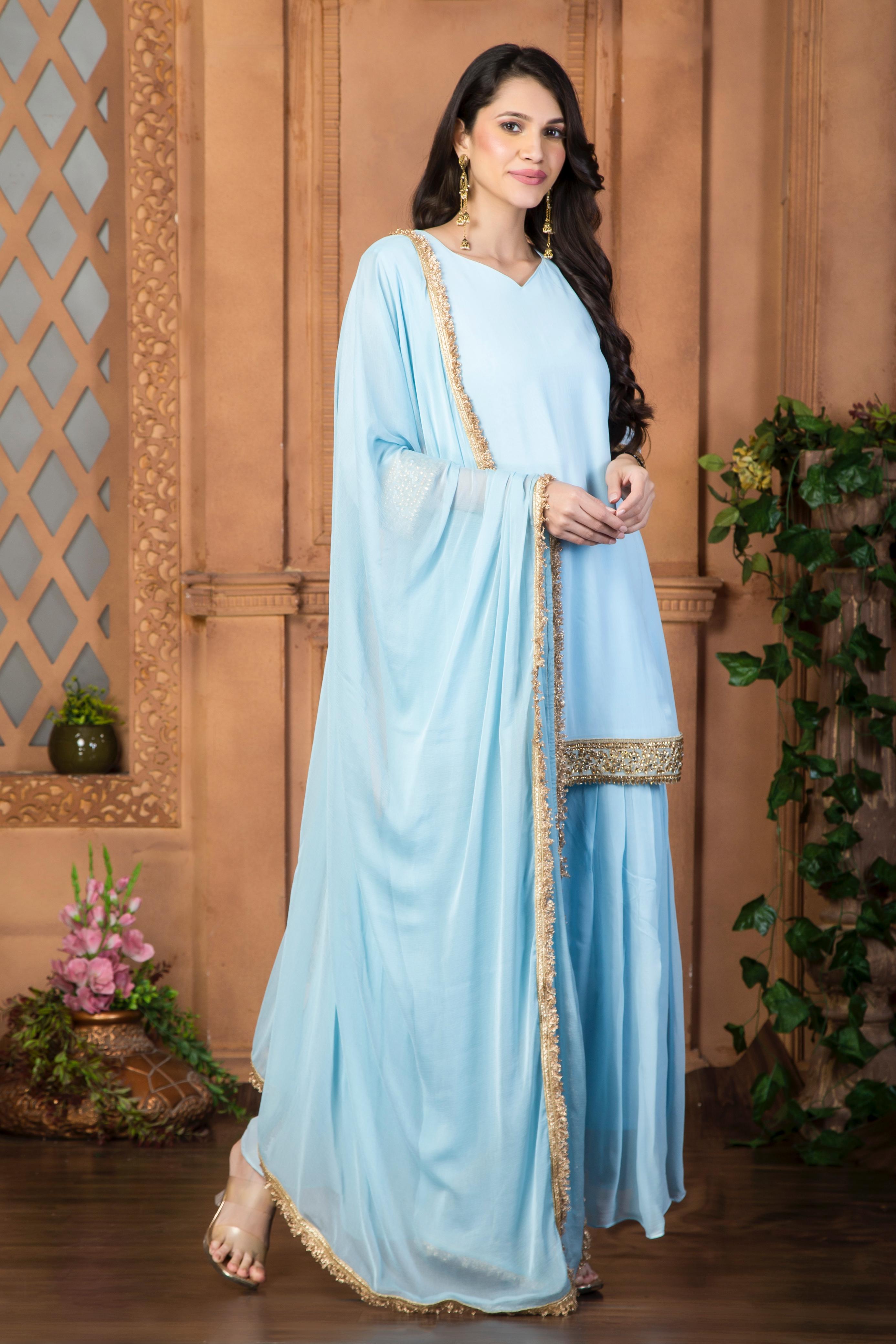 Sky Blue Sharara Suit Set with Gold Trim