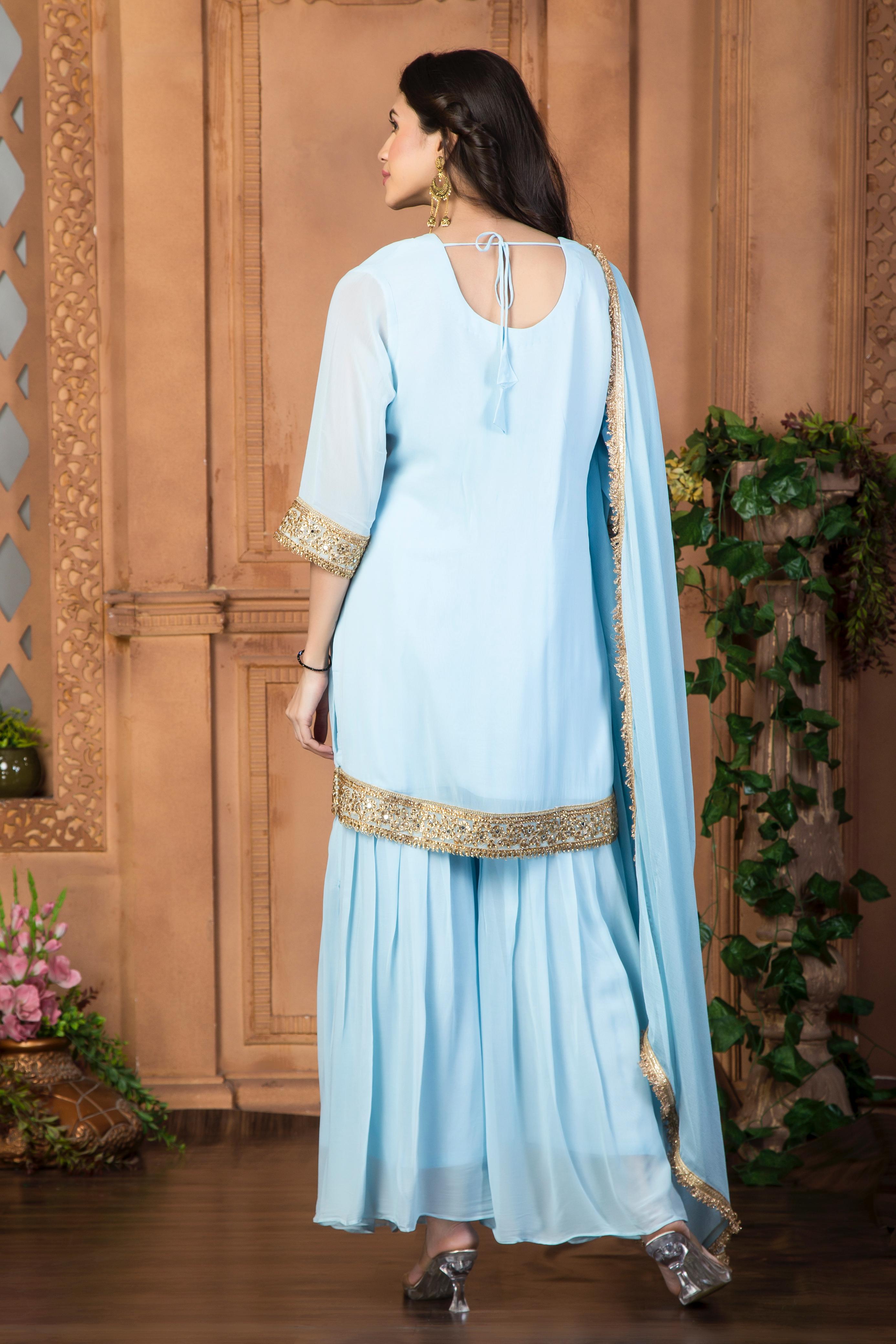 Sky Blue Sharara Suit Set with Gold Trim