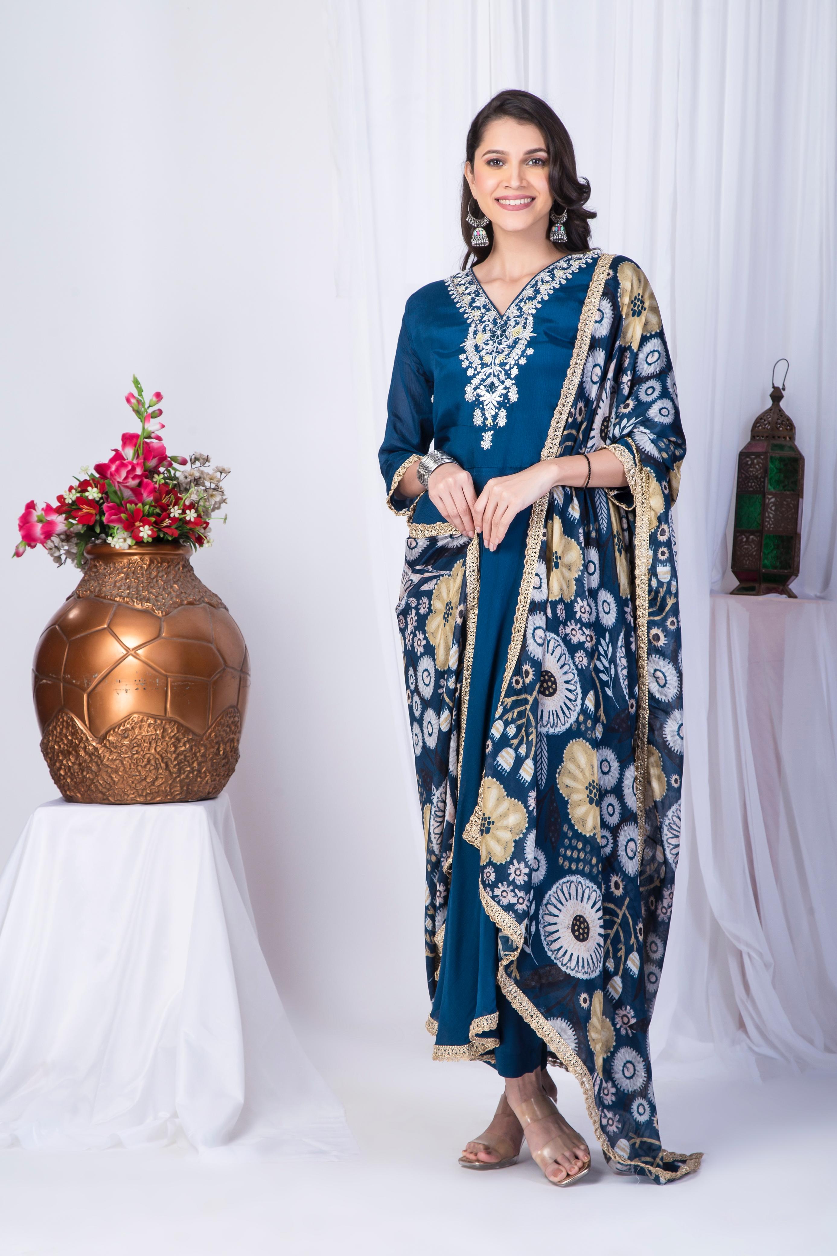 Pure Chinon Fancy Neck Top paired with Chinon pritned dupatta and Bottom santoon