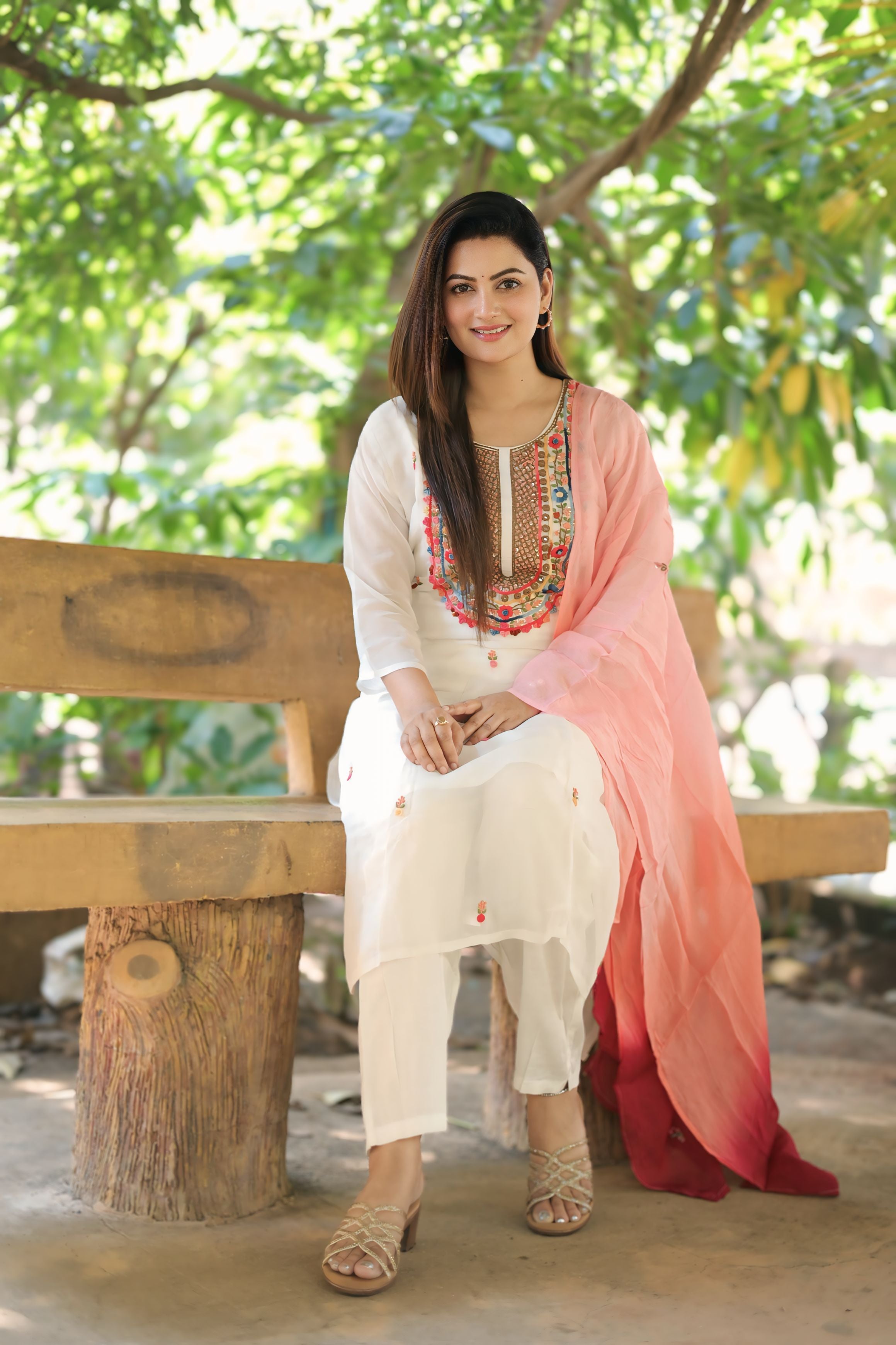 Off-White Suit Set with Multicolor Embroidered Neckline and Pink Ombre Dupatta