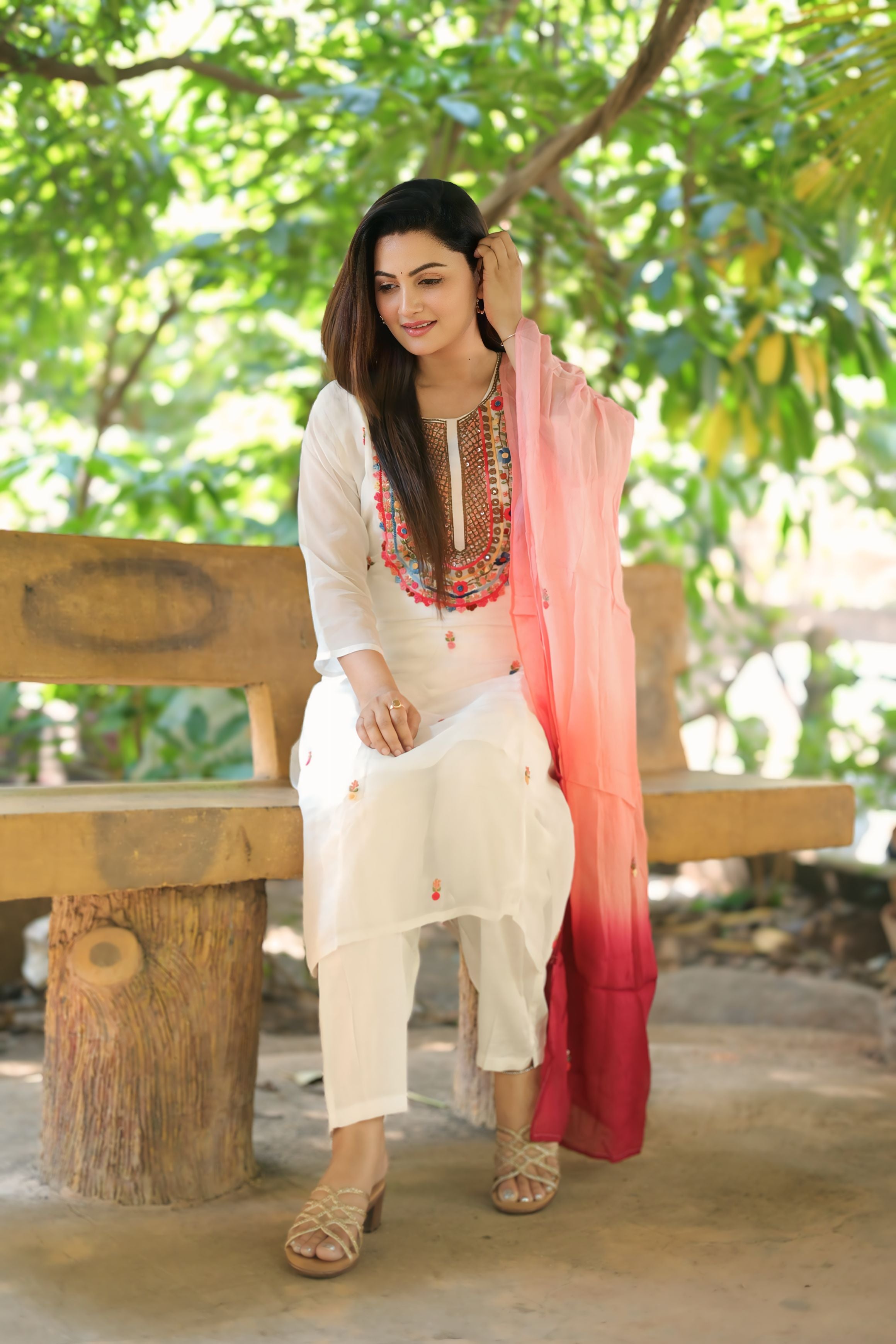 Off-White Suit Set with Multicolor Embroidered Neckline and Pink Ombre Dupatta