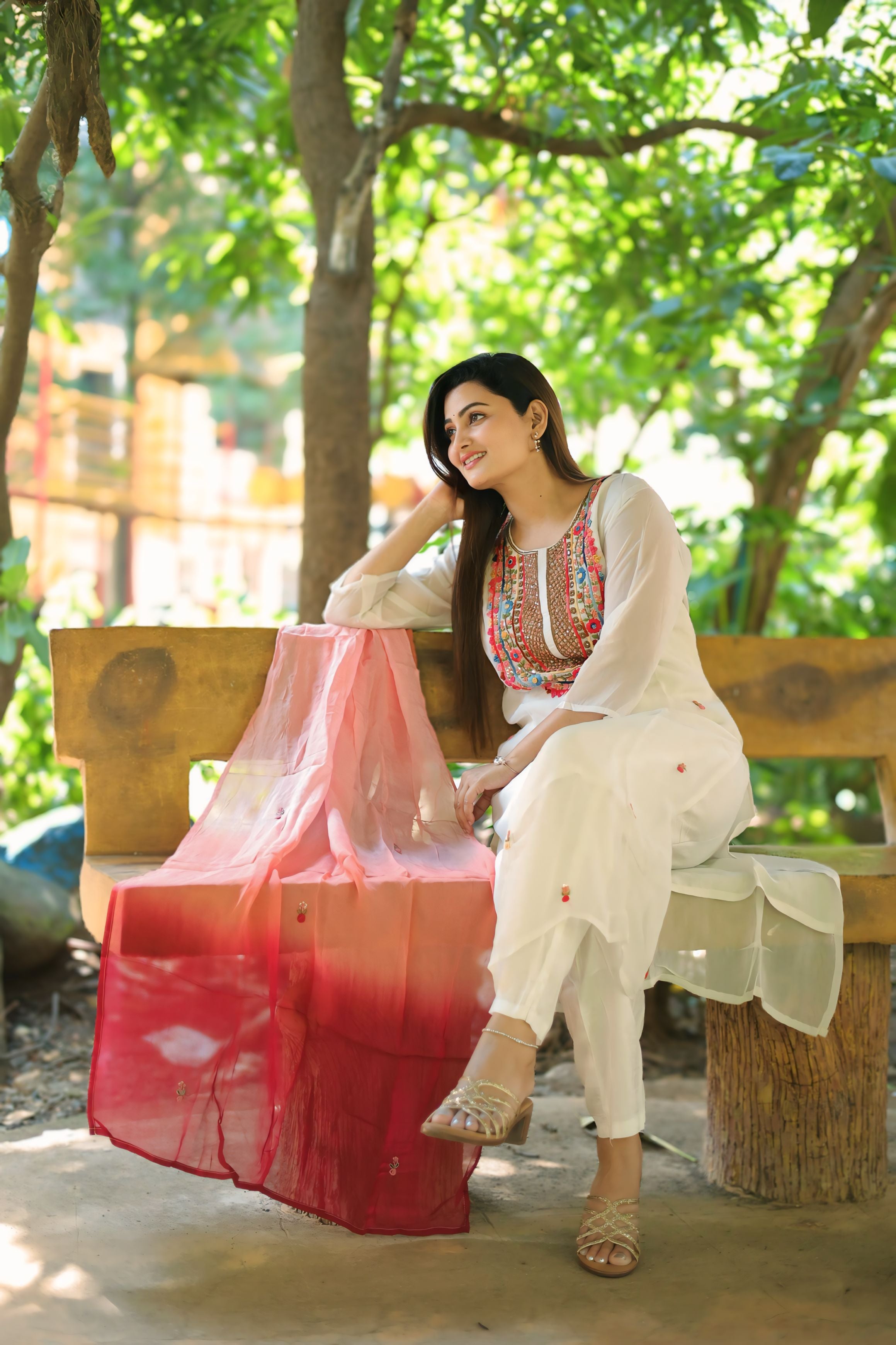 Off-White Suit Set with Multicolor Embroidered Neckline and Pink Ombre Dupatta