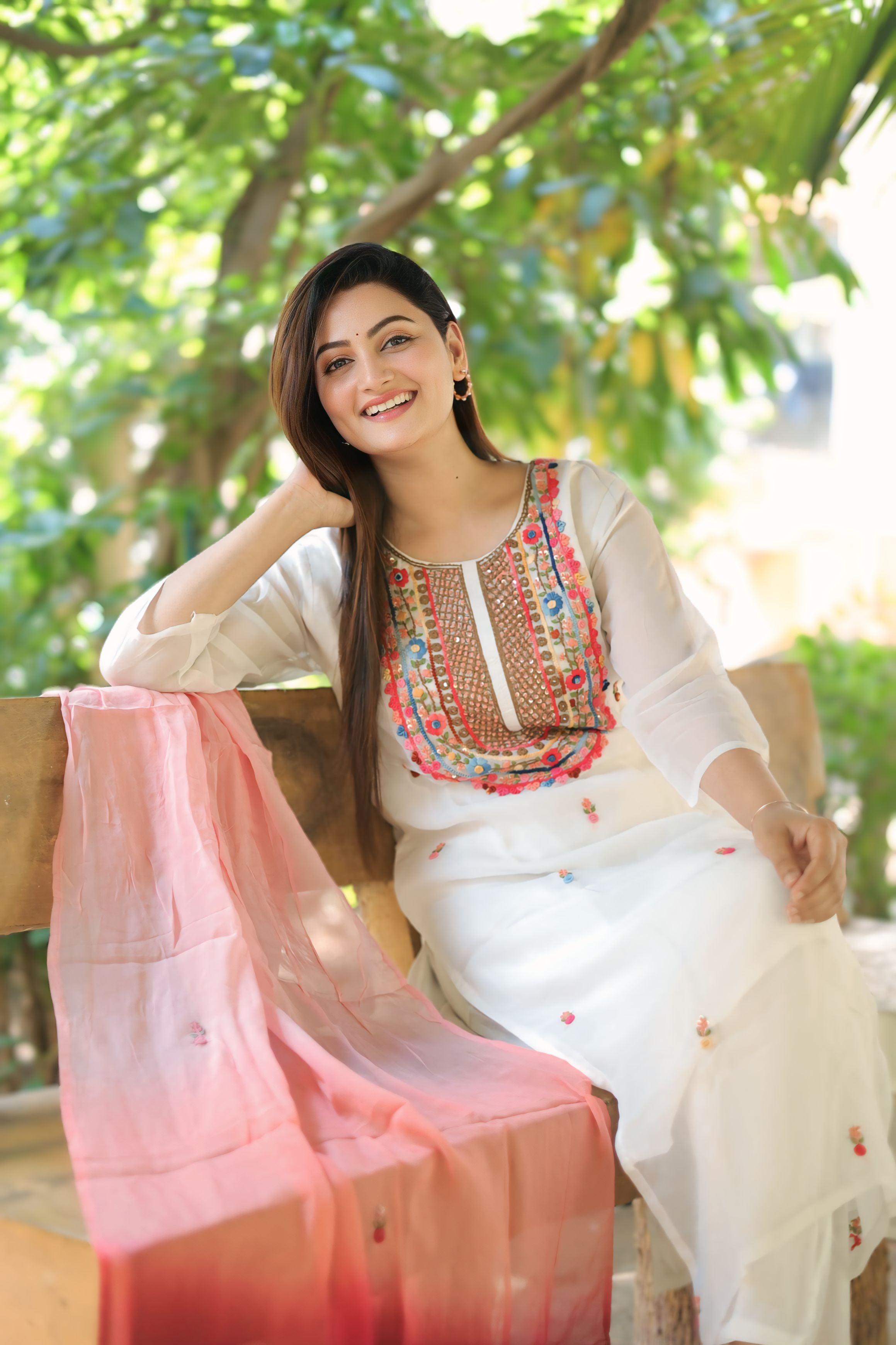 Off-White Suit Set with Multicolor Embroidered Neckline and Pink Ombre Dupatta