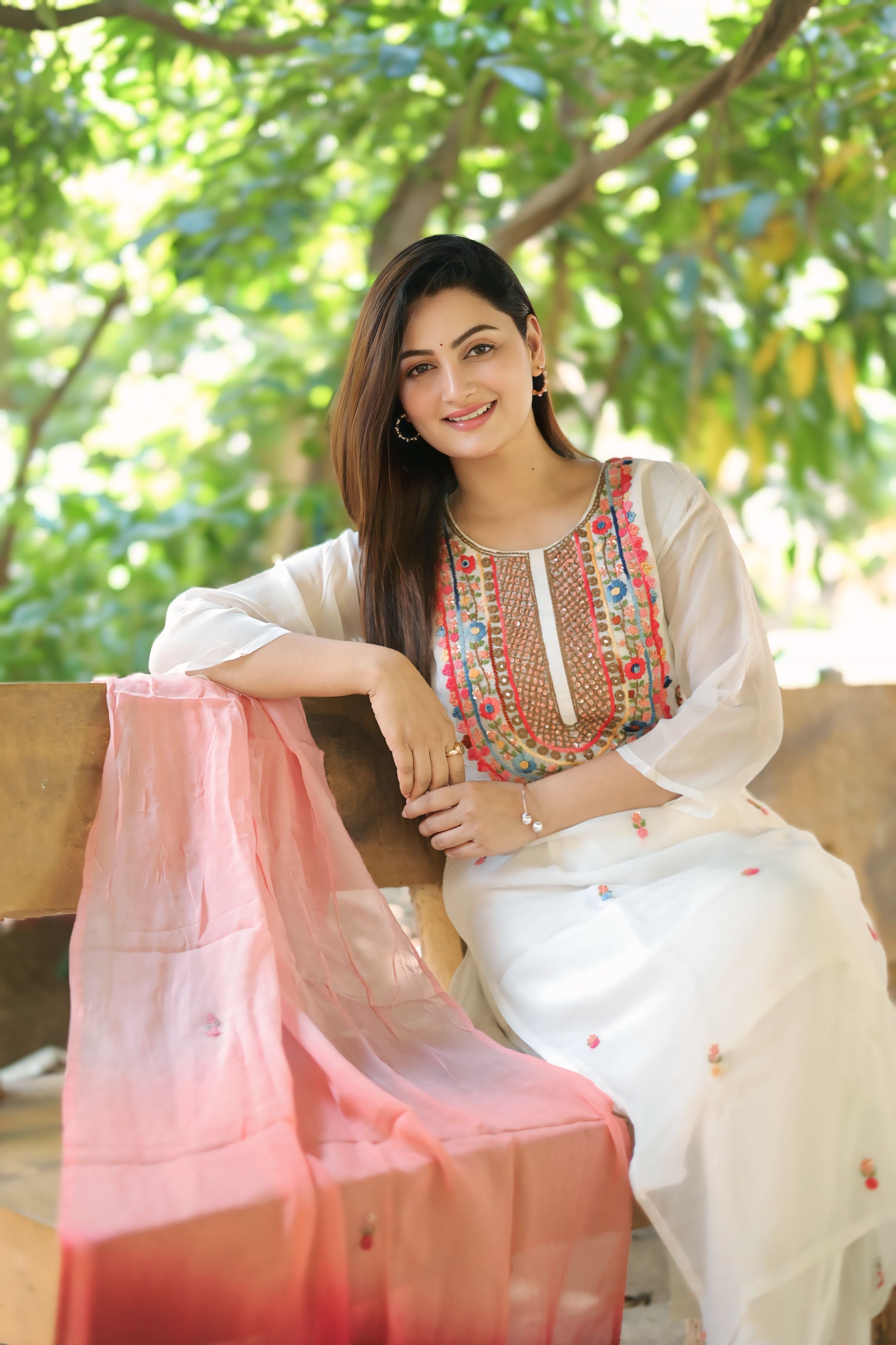 Off-White Suit Set with Multicolor Embroidered Neckline and Pink Ombre Dupatta