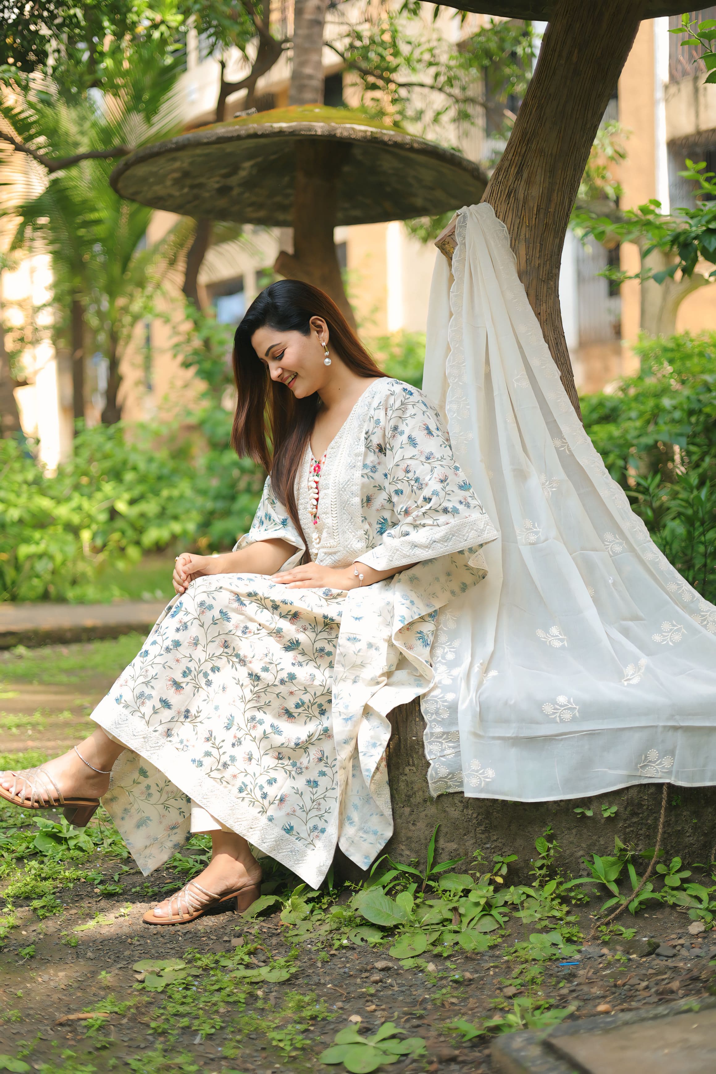 Embroidered Cotton Khadi Kaftan Suit Set with Printed Top and Embroidery Dupatta