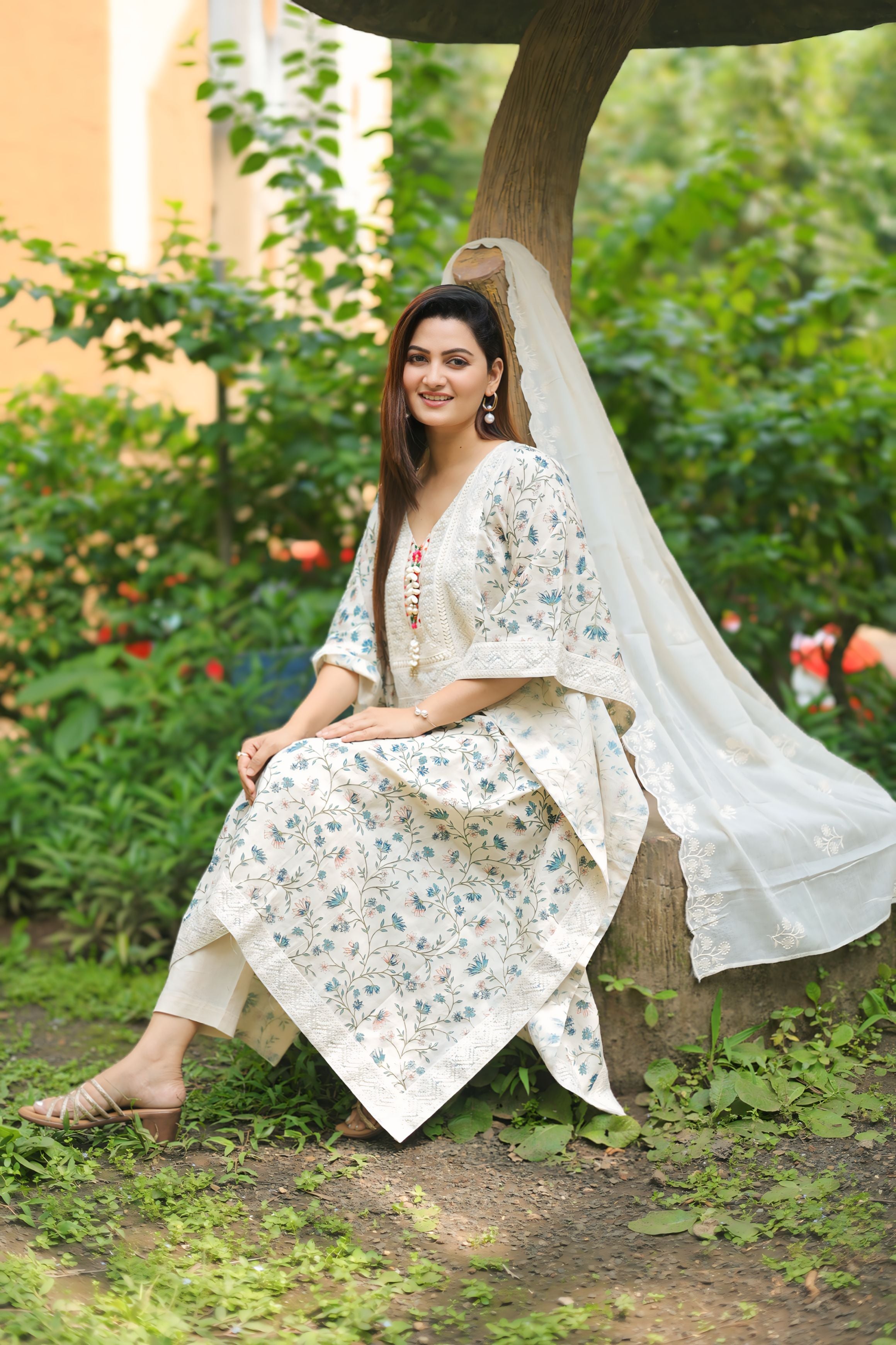 Embroidered Cotton Khadi Kaftan Suit Set with Printed Top and Embroidery Dupatta