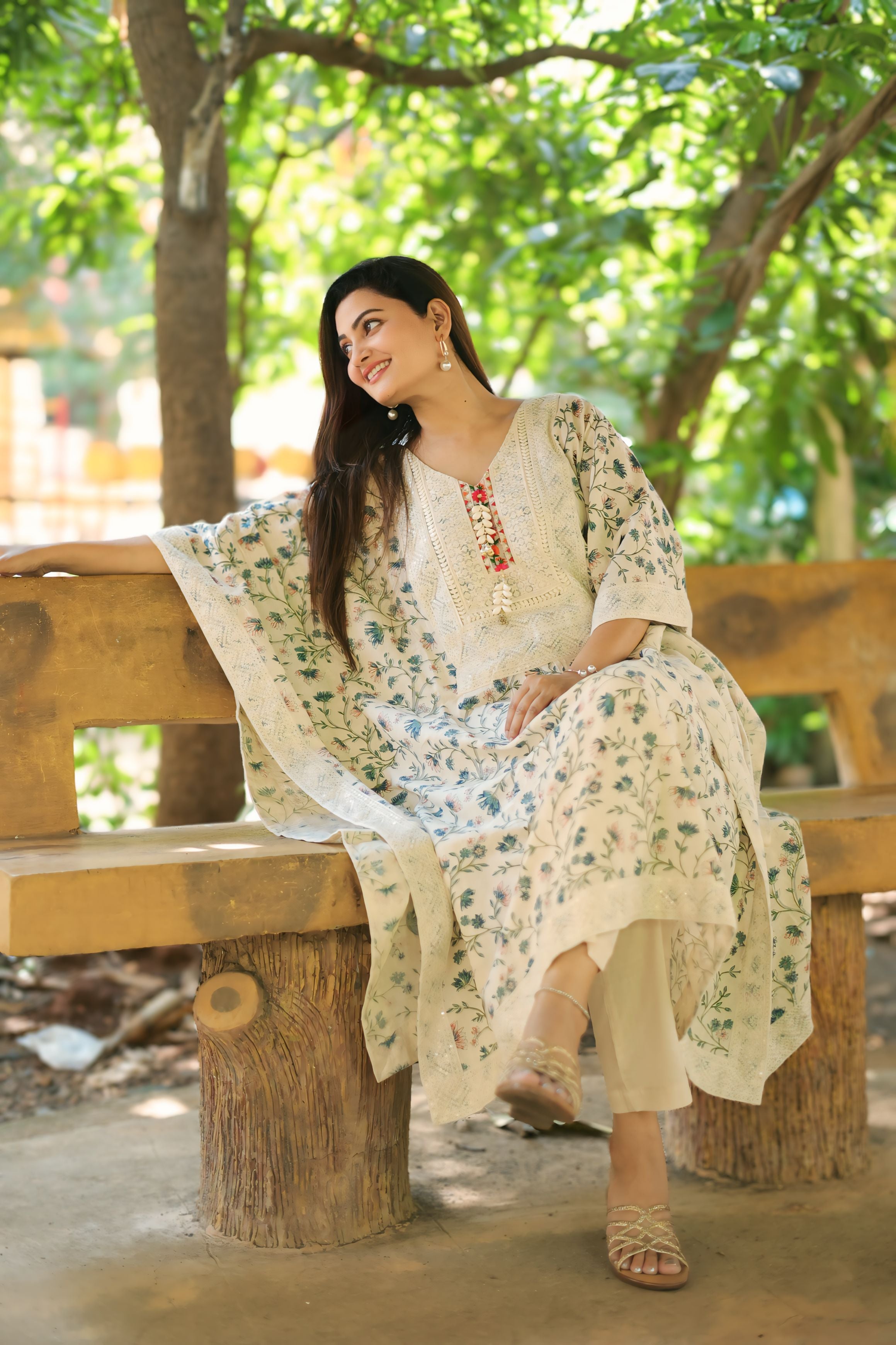 Embroidered Cotton Khadi Kaftan Suit Set with Printed Top and Embroidery Dupatta