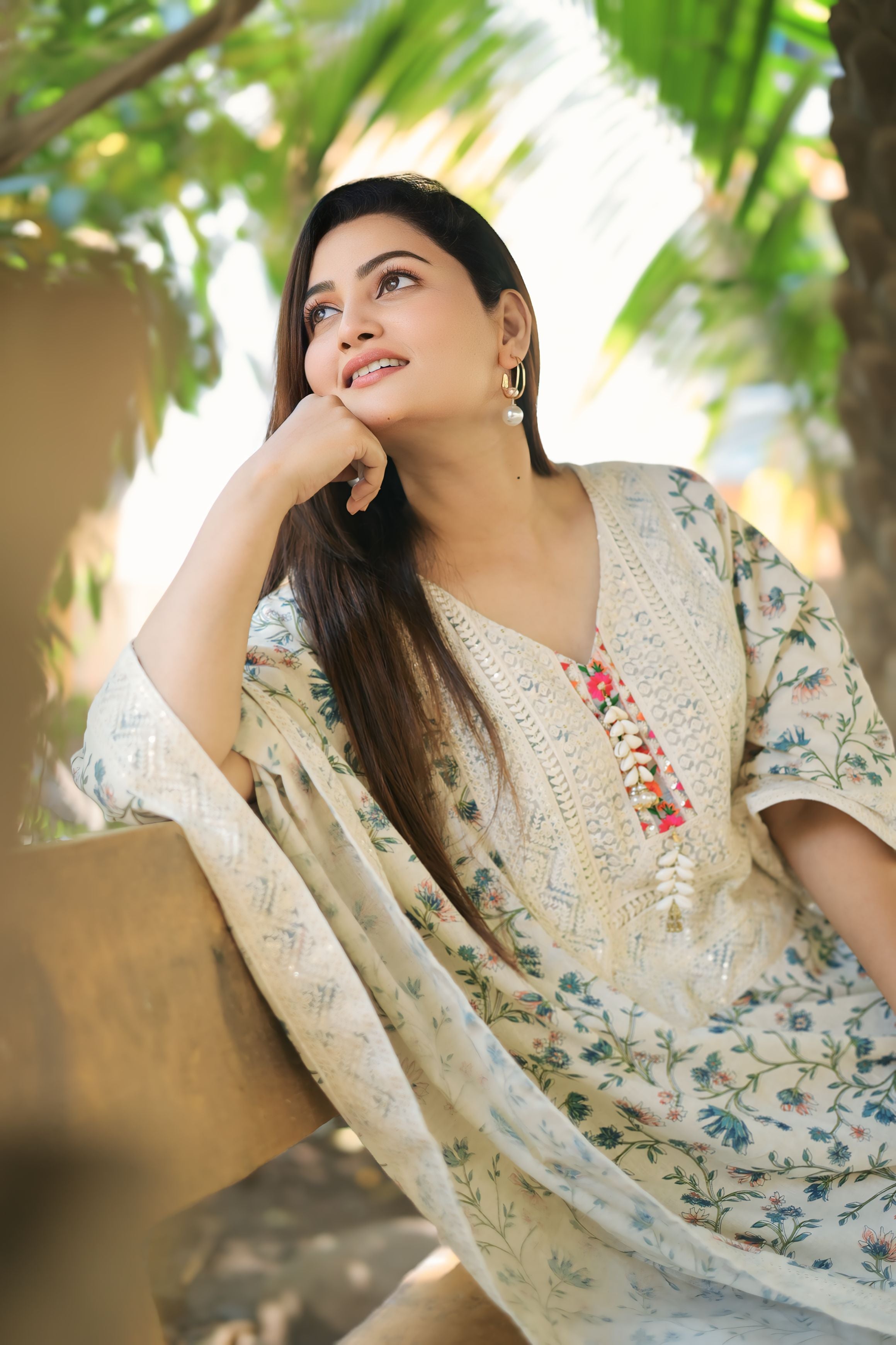 Embroidered Cotton Khadi Kaftan Suit Set with Printed Top and Embroidery Dupatta