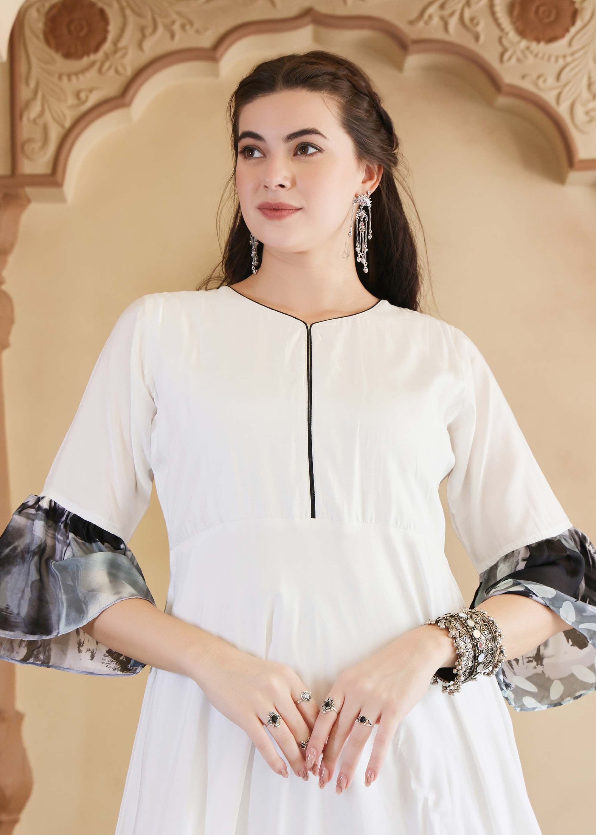 Black & White Modal Kurta set with bell sleeves