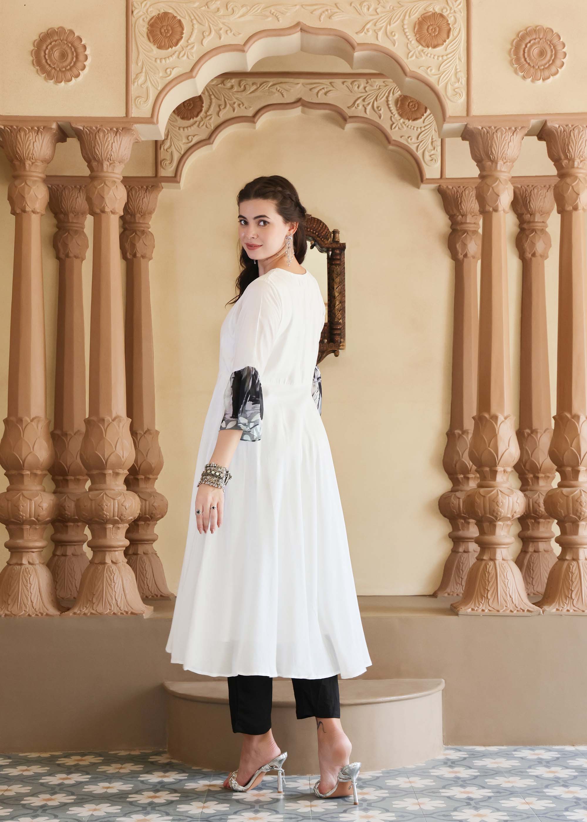 Black & White Modal Kurta set with bell sleeves