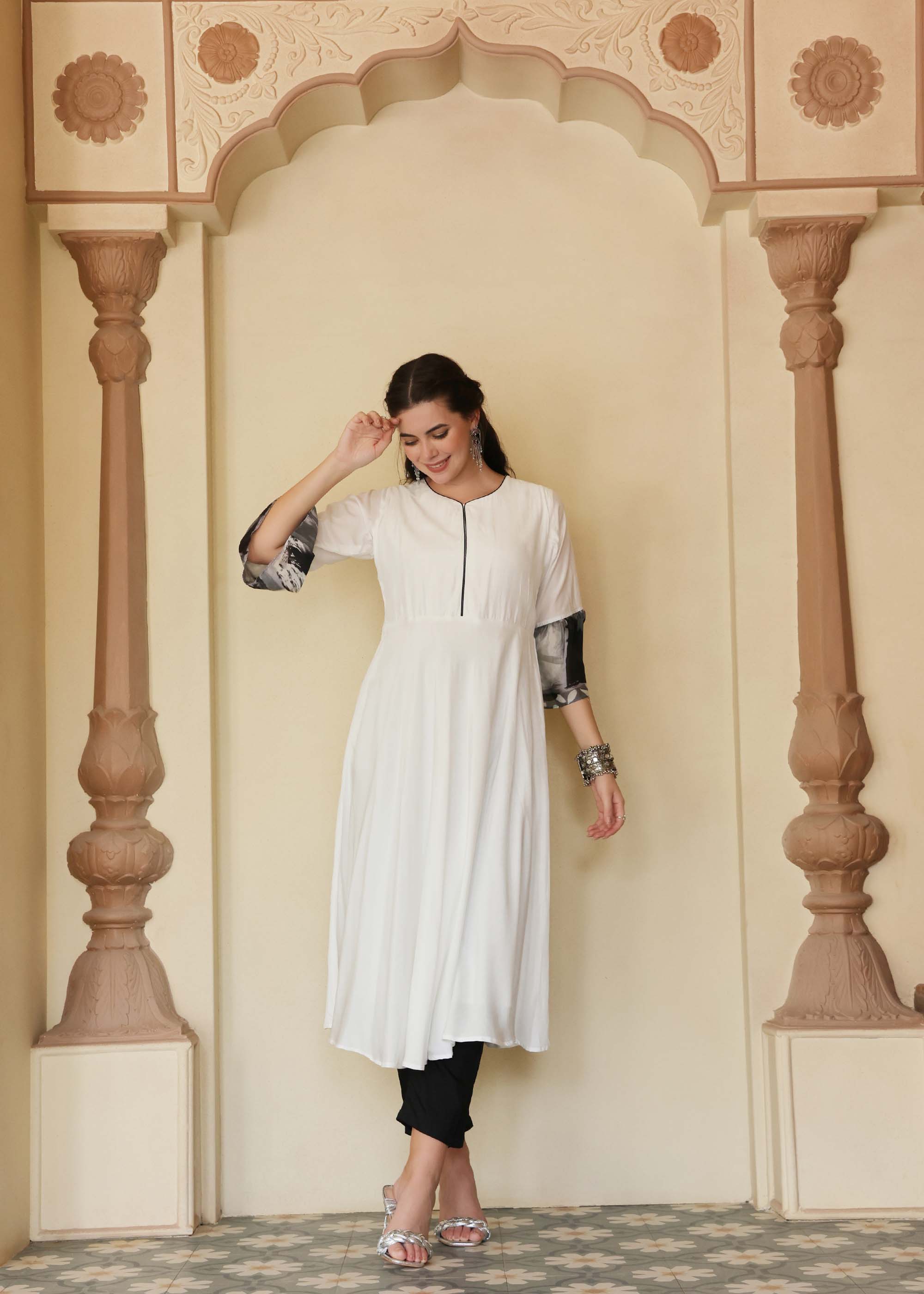 Black & White Modal Kurta set with bell sleeves