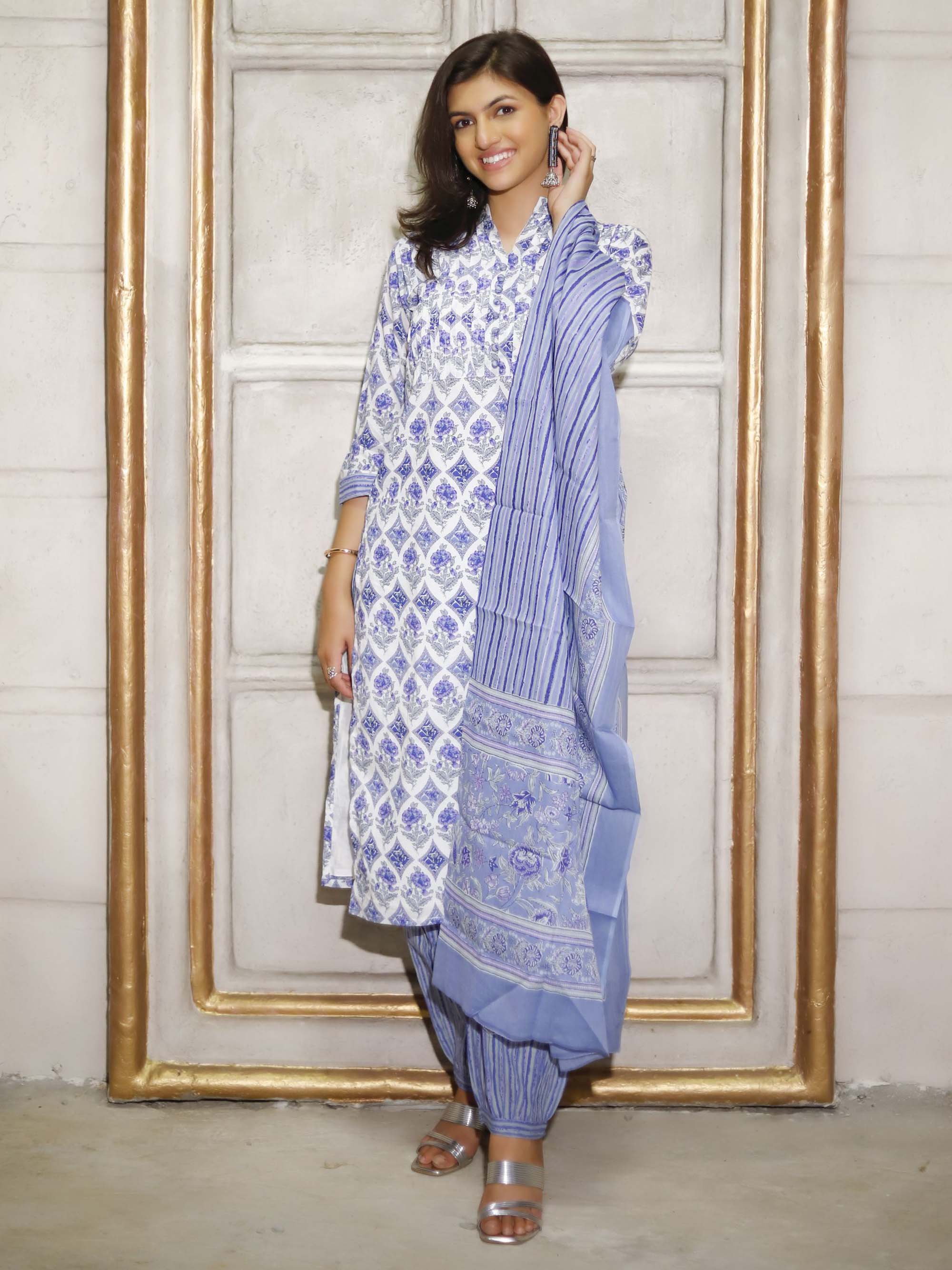 Blue Pleated & Printed Kurta Salwar set 3 piece Suit set