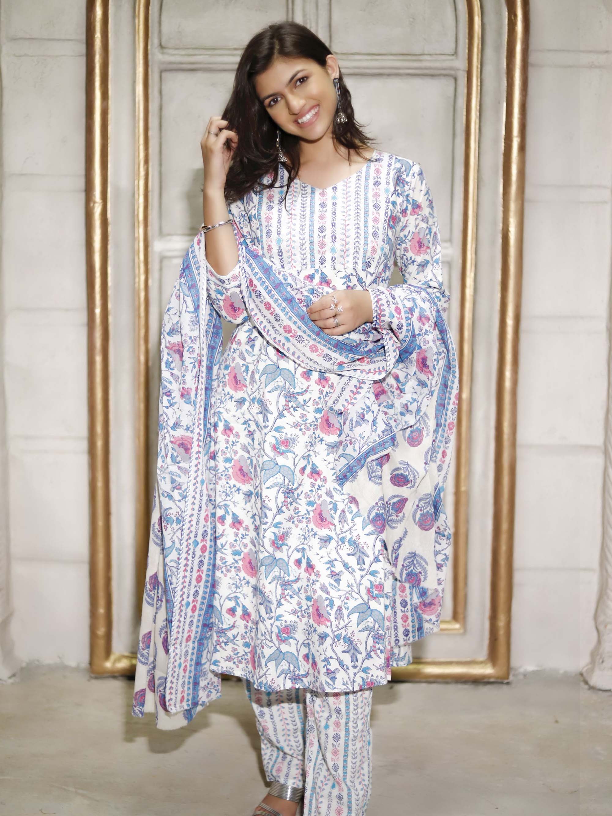 Printed cotton straight fit suit set with dupatta