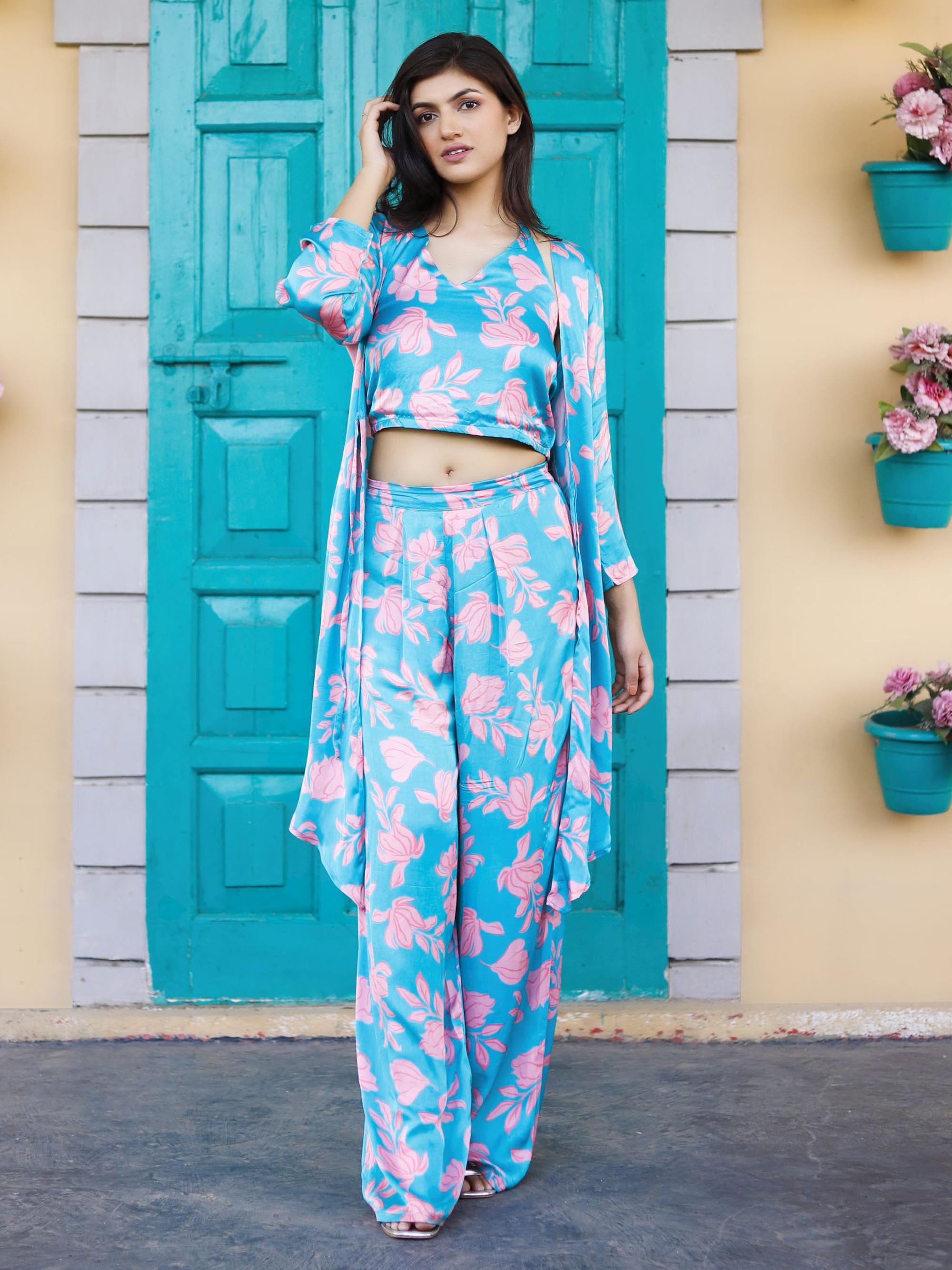 Sky Blue Halter Neck Cropped Top Palazzo With Long Jacket Co-ord Set