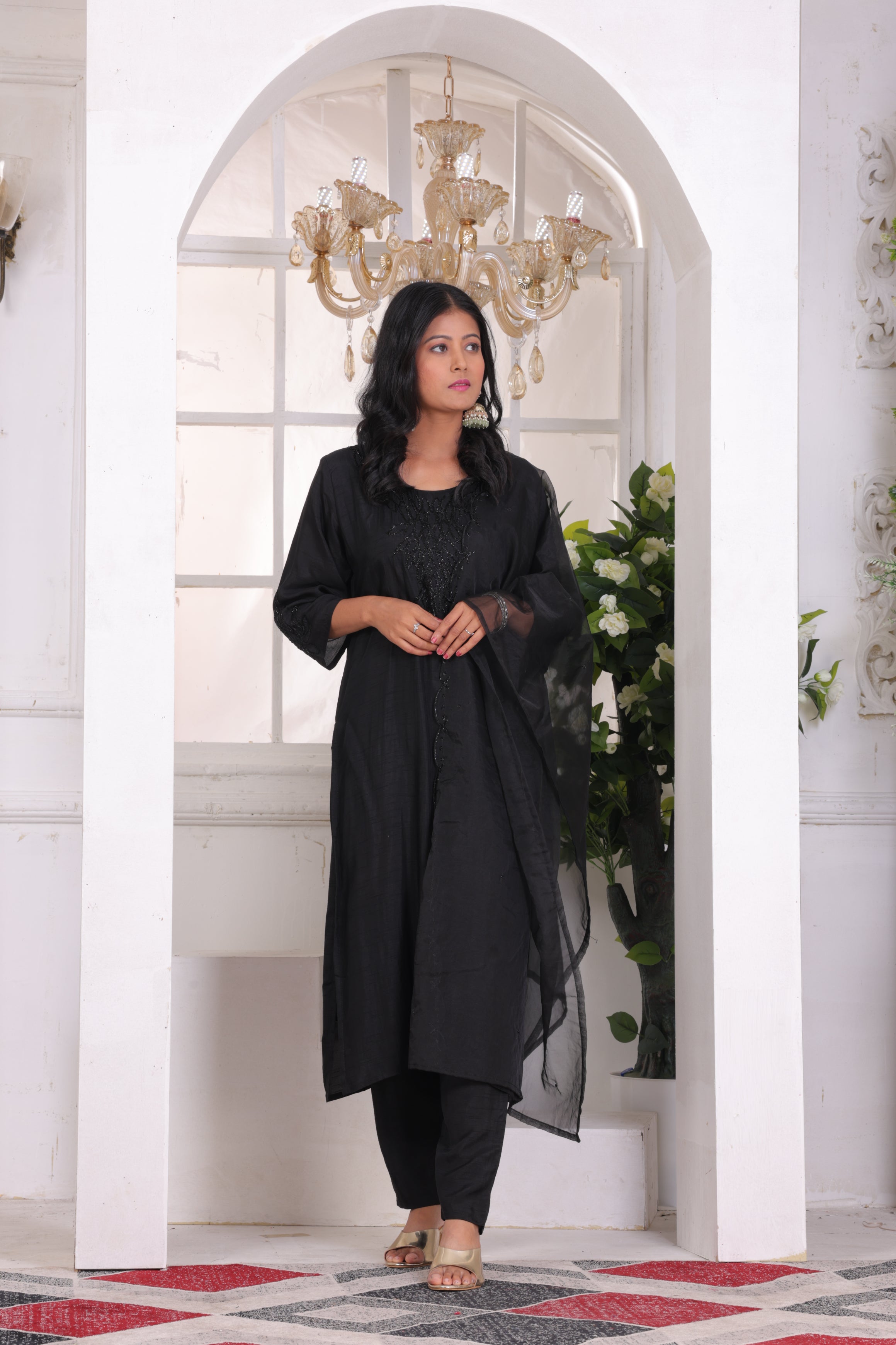 Black Dhola Silk Suit Set with Sequence Work & Organza Dupatta with Buti Work