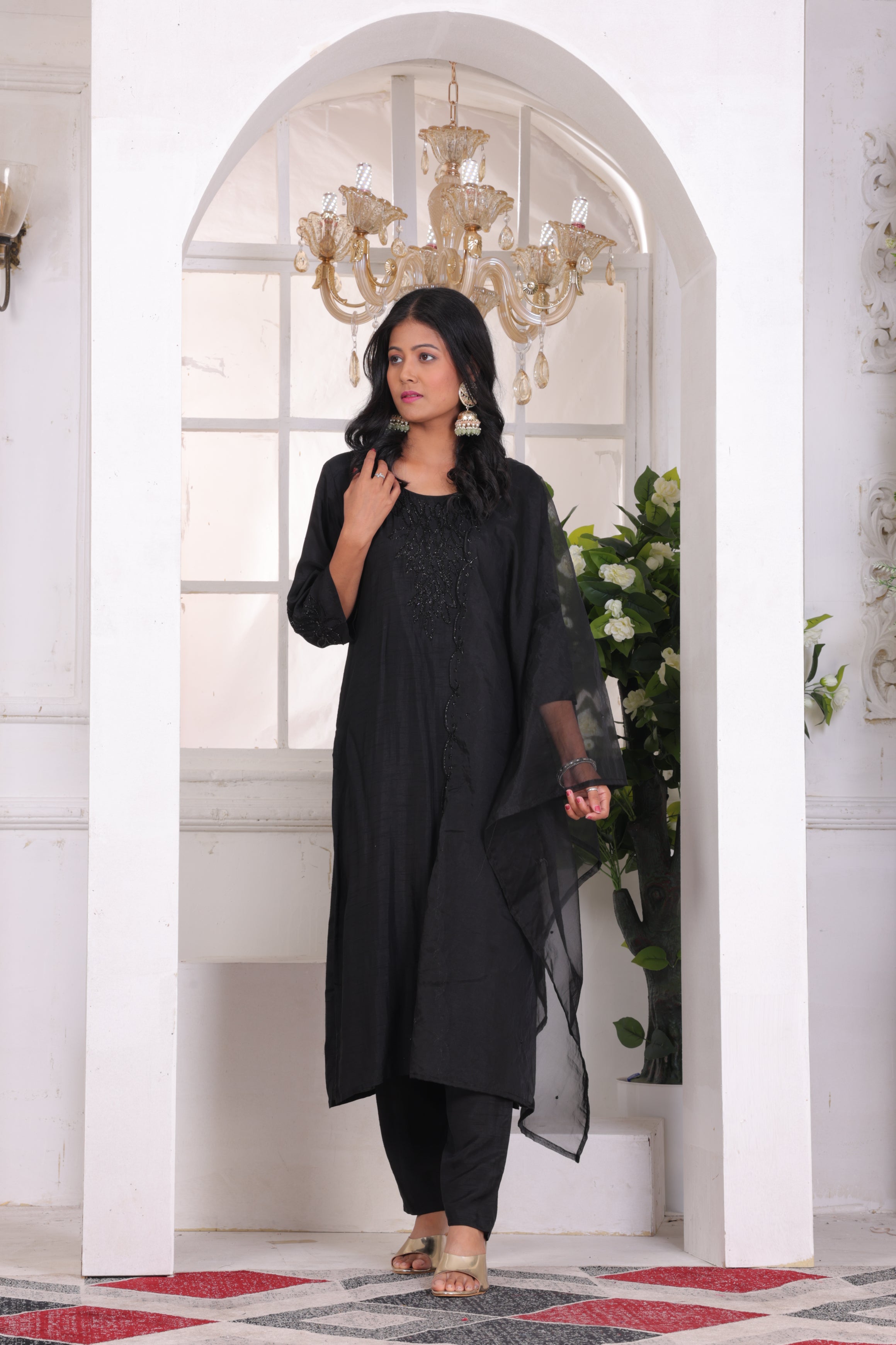 Black Dhola Silk Suit Set with Sequence Work & Organza Dupatta with Buti Work