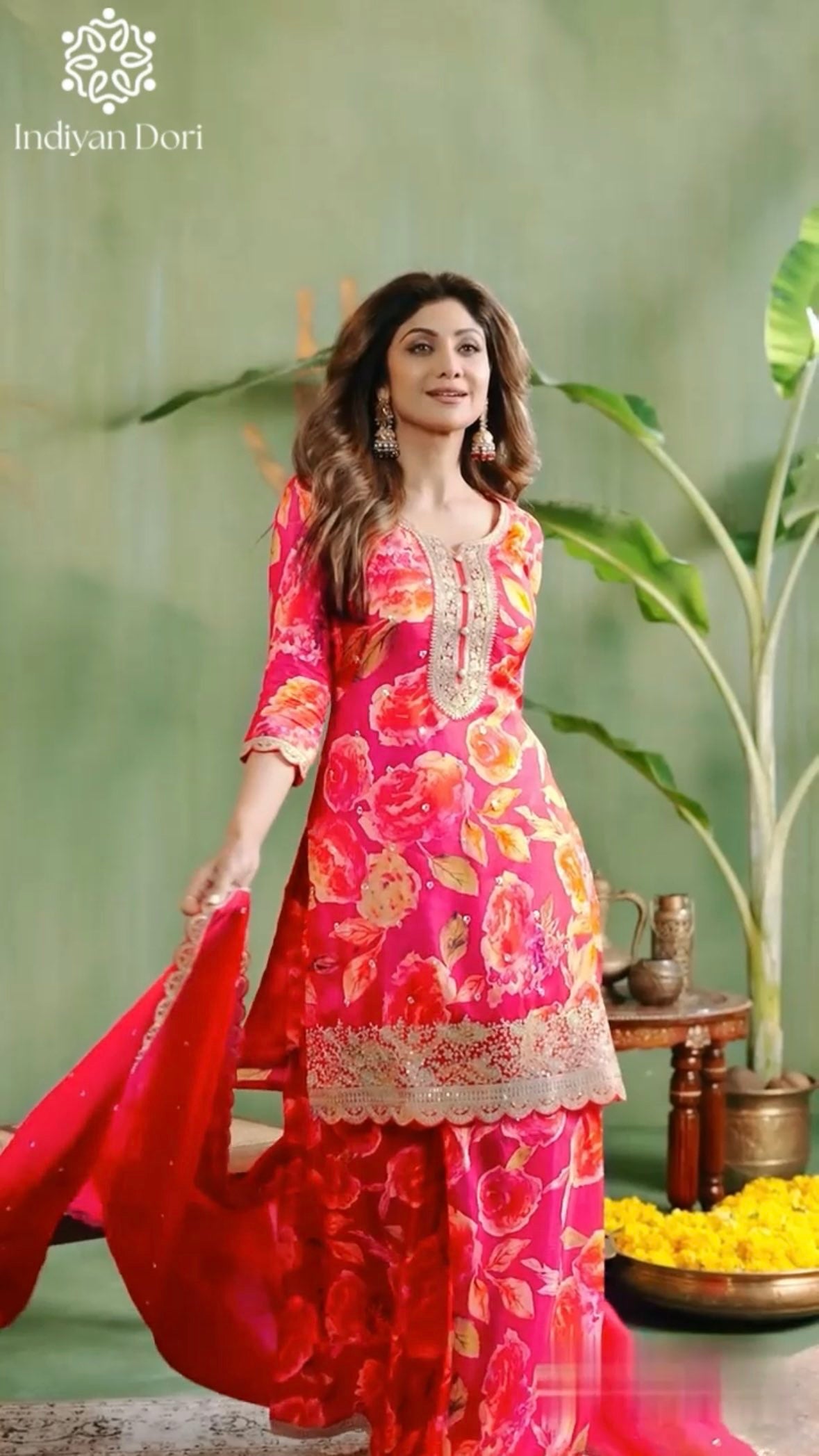 Pink Floral Muslin Palazzo Suit set with Crepe Dupatta