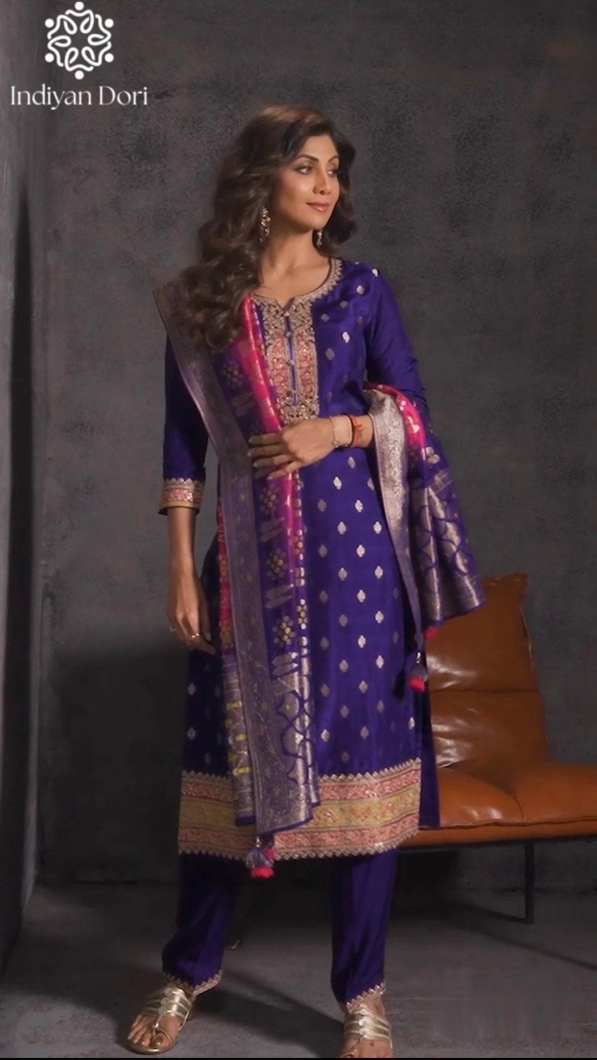 Violet Viscose Suit set with Banarasi Dupatta