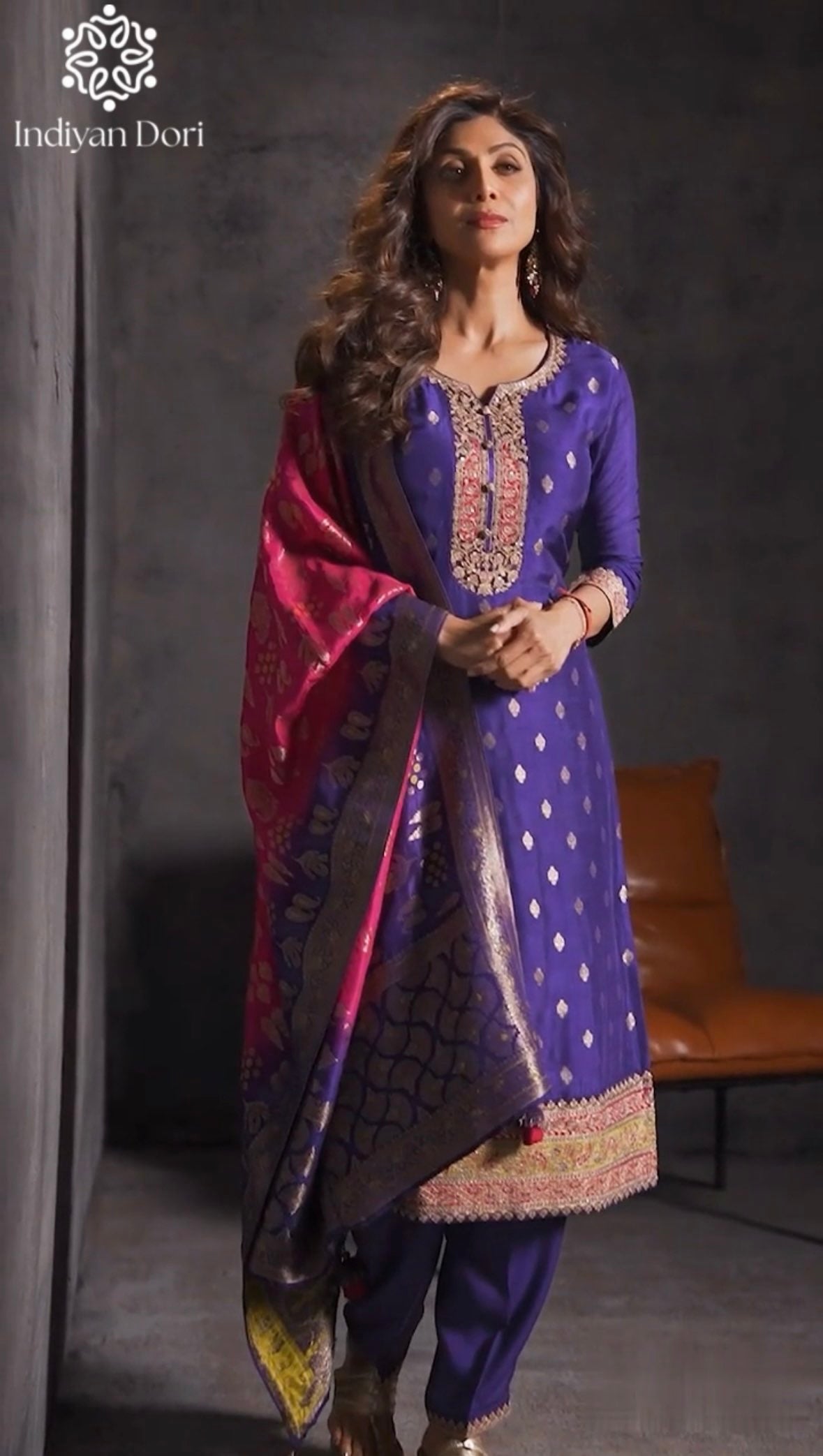 Violet Viscose Suit set with Banarasi Dupatta